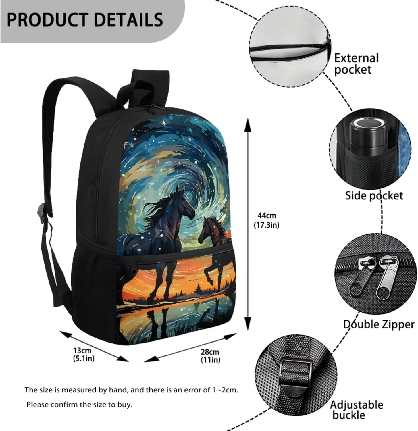 Horse Bookbag for Girls with Lunch Bag Starry Night Backpack and Lunch Box Set and Pencil Case Water Bottle Holder Animal Bookbag/Lunchbox 4 Piece Primary School Backpacks