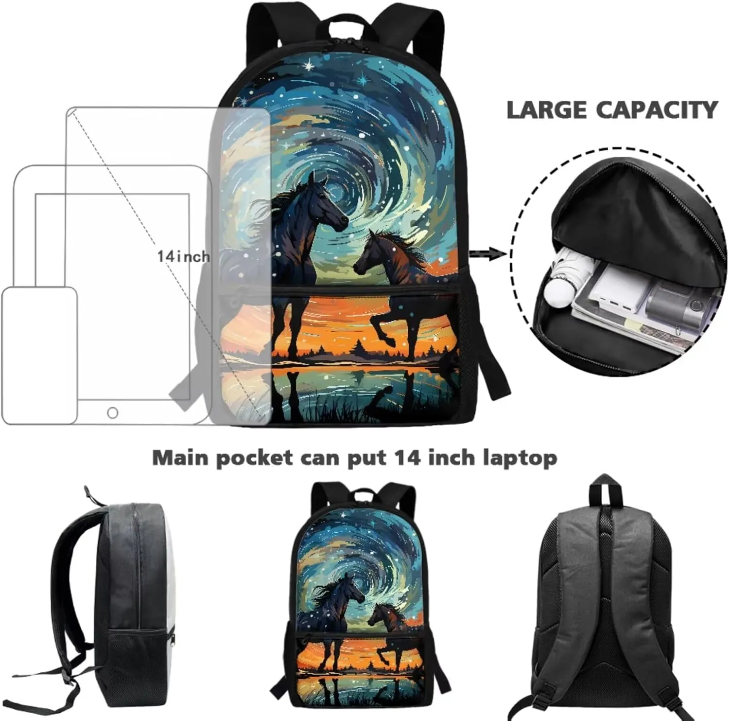 Horse Bookbag for Girls with Lunch Bag Starry Night Backpack and Lunch Box Set and Pencil Case Water Bottle Holder Animal Bookbag/Lunchbox 4 Piece Primary School Backpacks