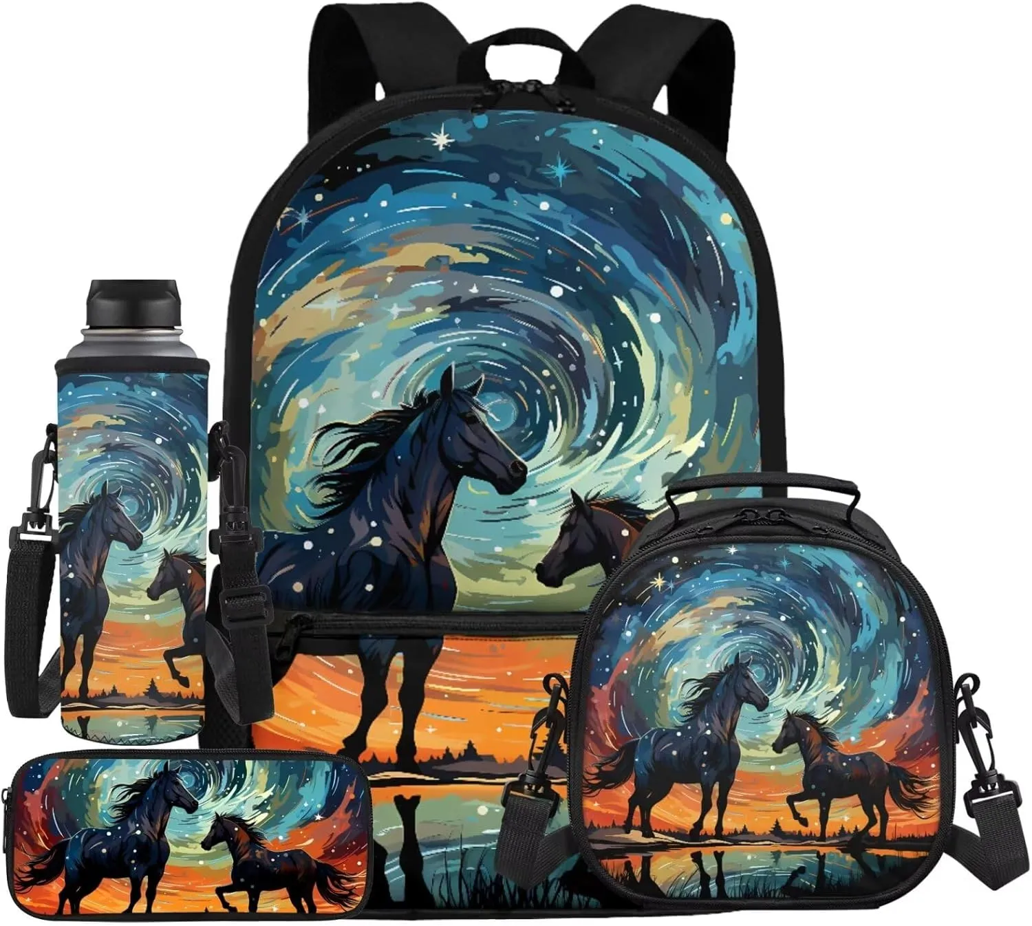 Horse Bookbag for Girls with Lunch Bag Starry Night Backpack and Lunch Box Set and Pencil Case Water Bottle Holder Animal Bookbag/Lunchbox 4 Piece Primary School Backpacks