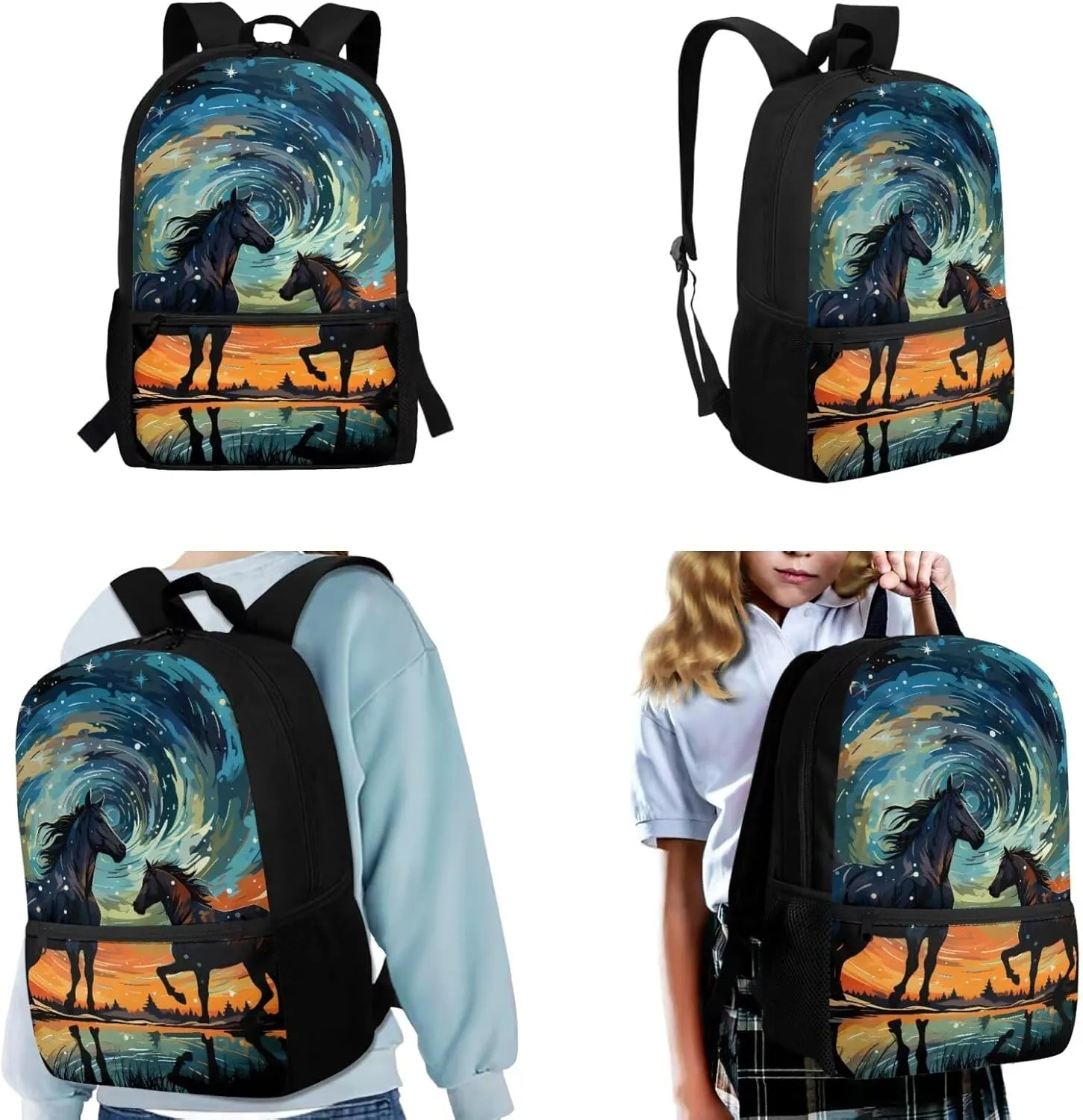 Horse Bookbag for Girls with Lunch Bag Starry Night Backpack and Lunch Box Set and Pencil Case Water Bottle Holder Animal Bookbag/Lunchbox 4 Piece Primary School Backpacks