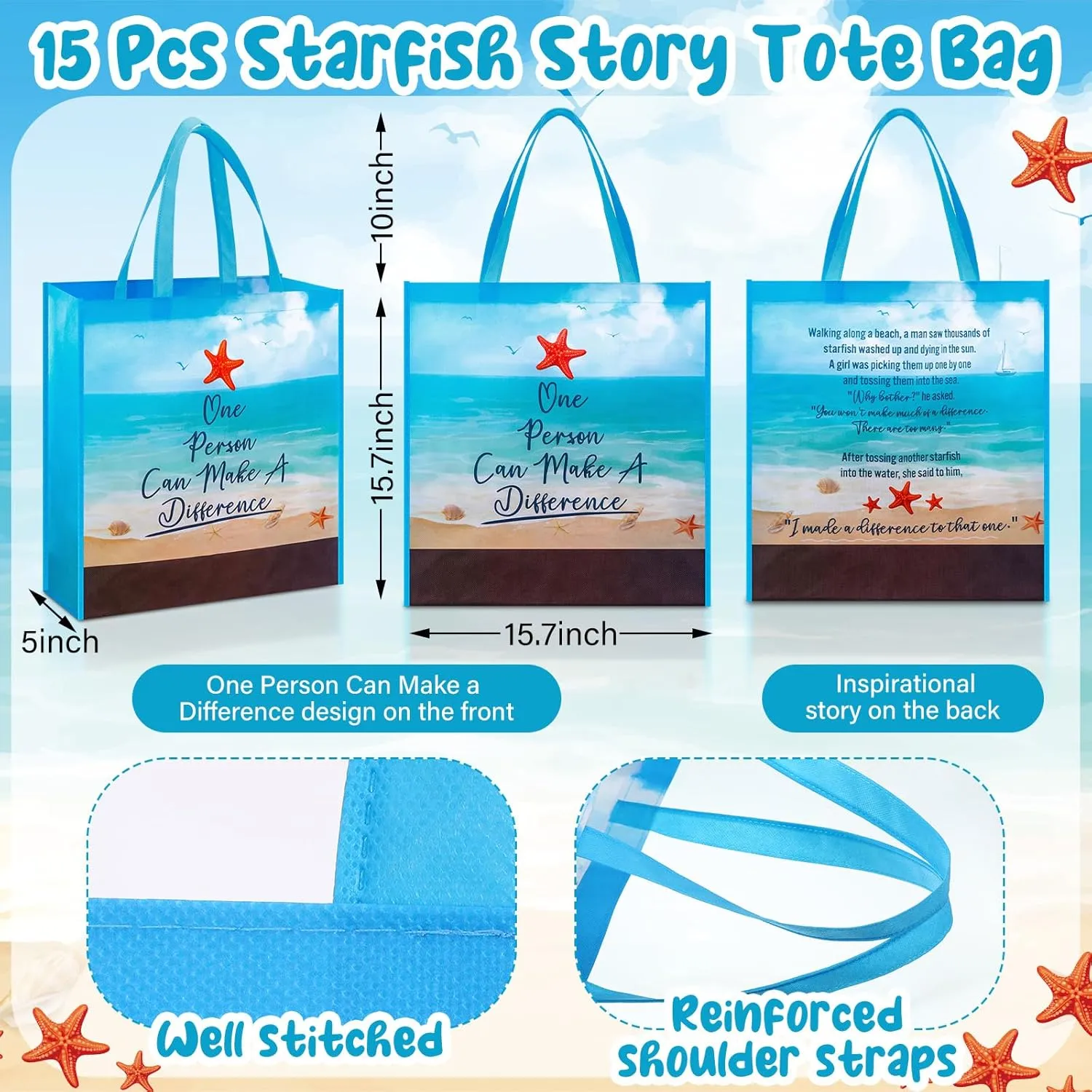 Hosuly 15 Pcs Large Starfish Story Gift Bags 15.7 x 15.7 Employee Appreciation Totes with Flat Bottom One Person Can Make a Difference Reusable Jumbo Bags with Handle for Teachers Staffs