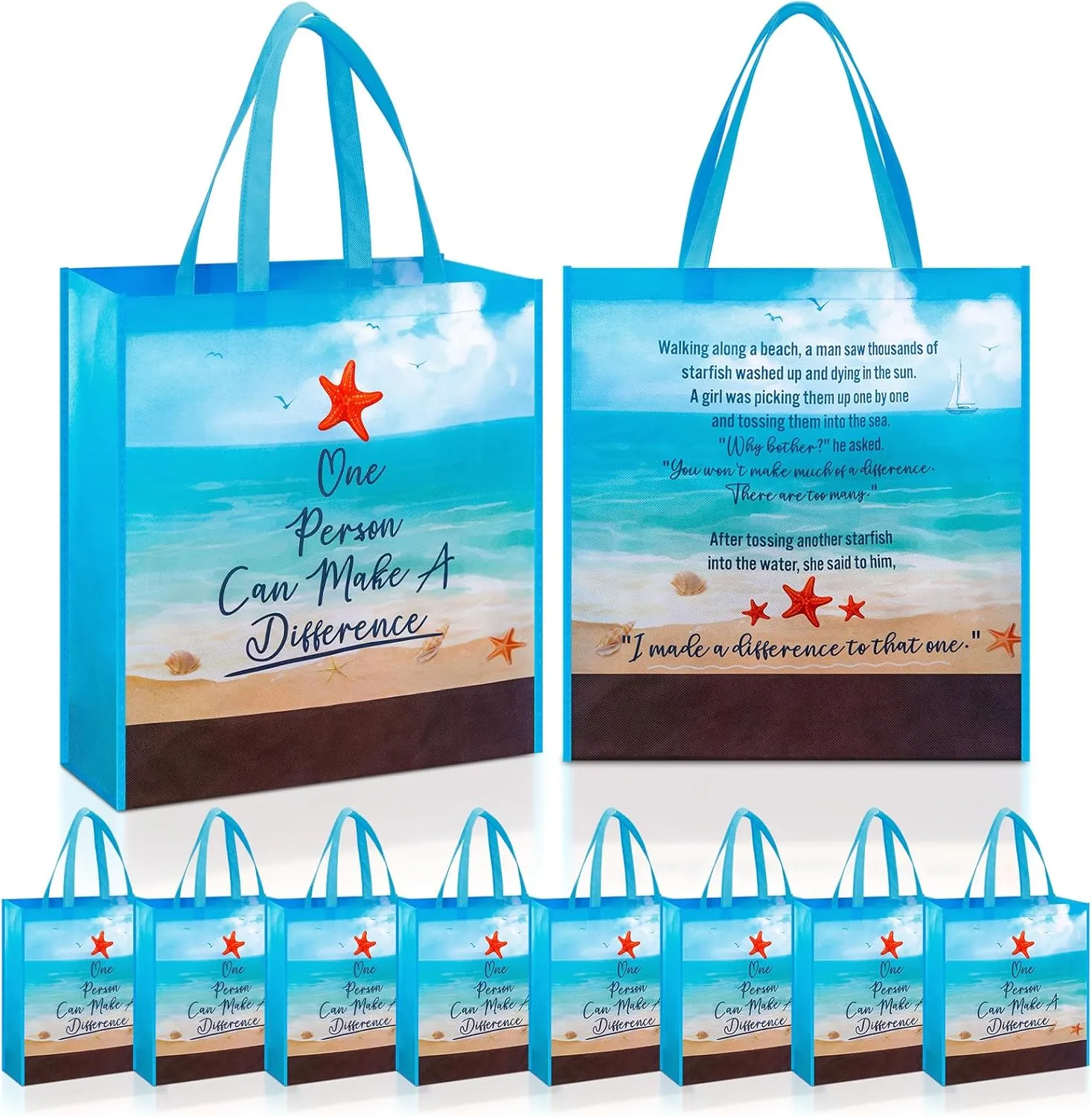 Hosuly 15 Pcs Large Starfish Story Gift Bags 15.7 x 15.7 Employee Appreciation Totes with Flat Bottom One Person Can Make a Difference Reusable Jumbo Bags with Handle for Teachers Staffs