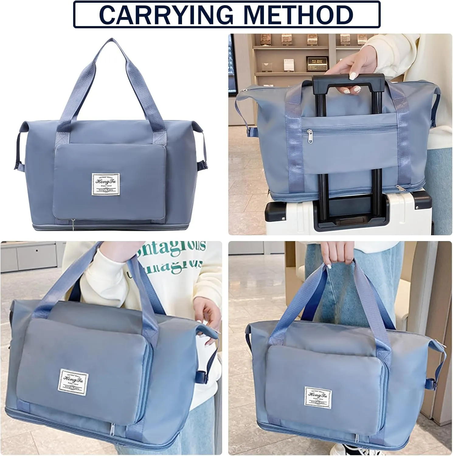 INVODA Travel Bag for Women - Expandable Weekender Overnight Carry-on Sports Tote Gym Waterproof Foldable Duffel (Blue)