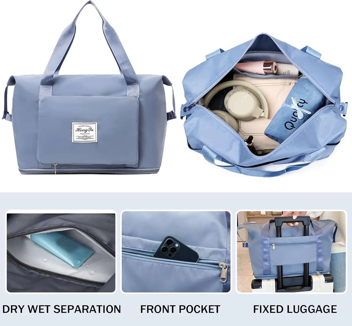 INVODA Travel Bag for Women - Expandable Weekender Overnight Carry-on Sports Tote Gym Waterproof Foldable Duffel (Blue)