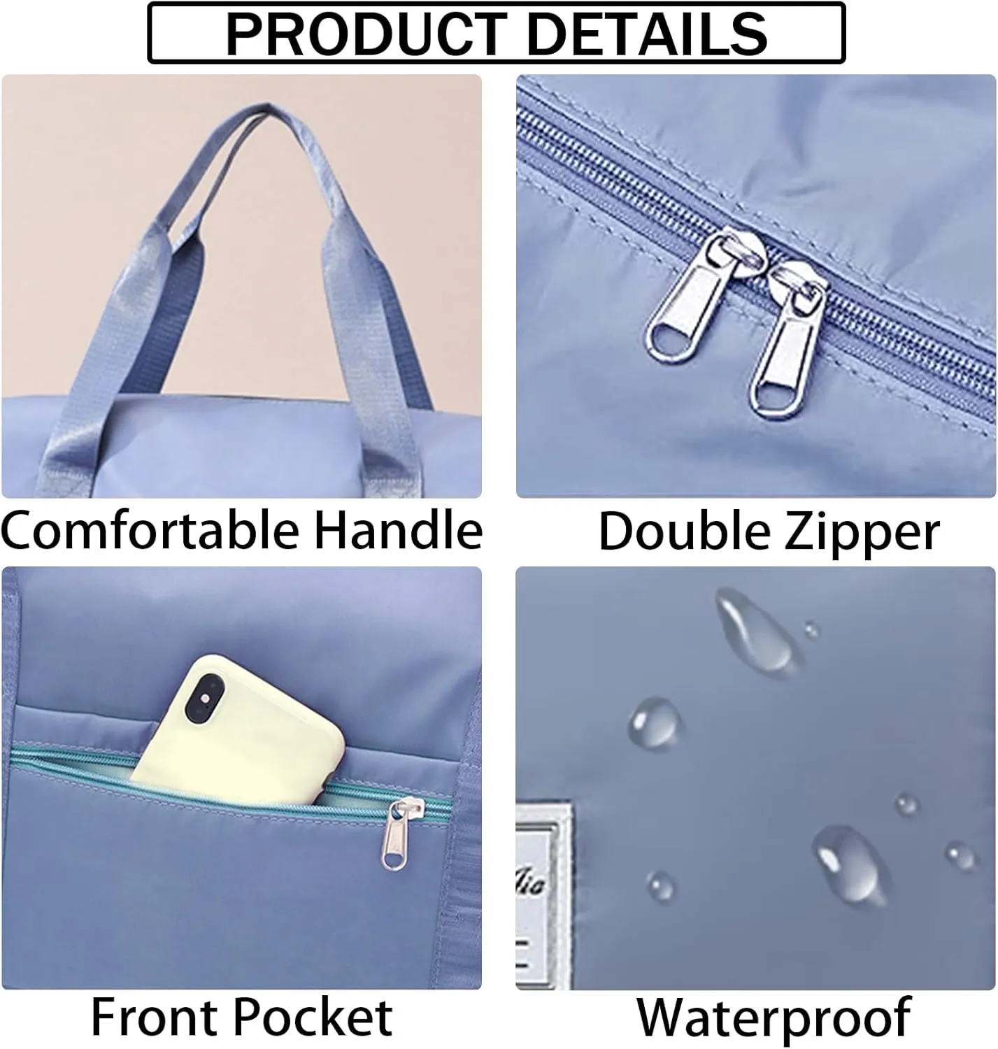 INVODA Travel Bag for Women - Expandable Weekender Overnight Carry-on Sports Tote Gym Waterproof Foldable Duffel (Blue)