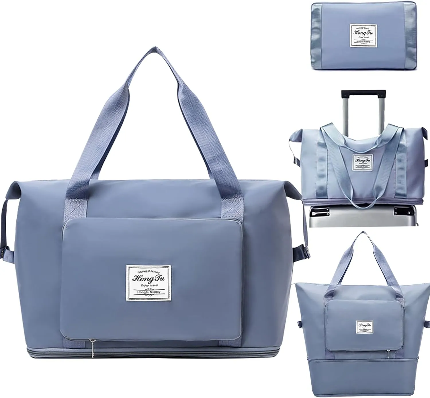 INVODA Travel Bag for Women - Expandable Weekender Overnight Carry-on Sports Tote Gym Waterproof Foldable Duffel (Blue)