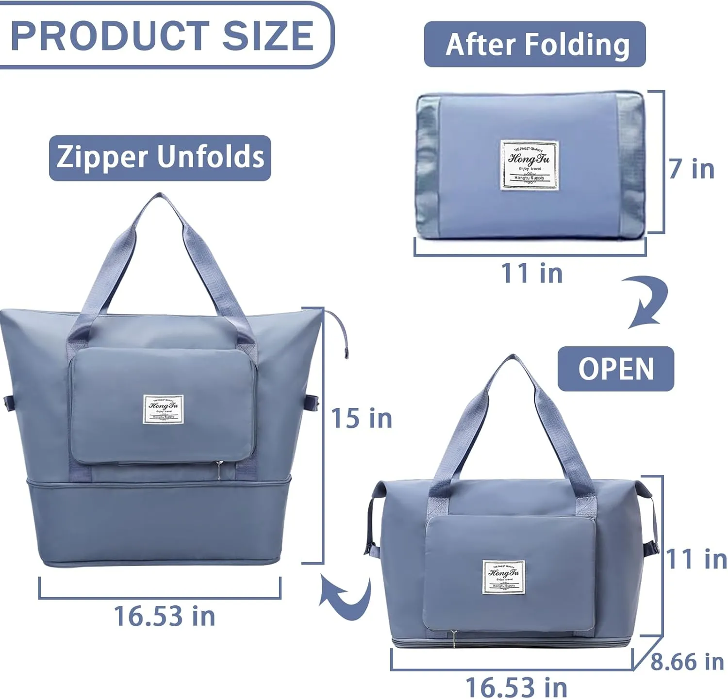 INVODA Travel Bag for Women - Expandable Weekender Overnight Carry-on Sports Tote Gym Waterproof Foldable Duffel (Blue)