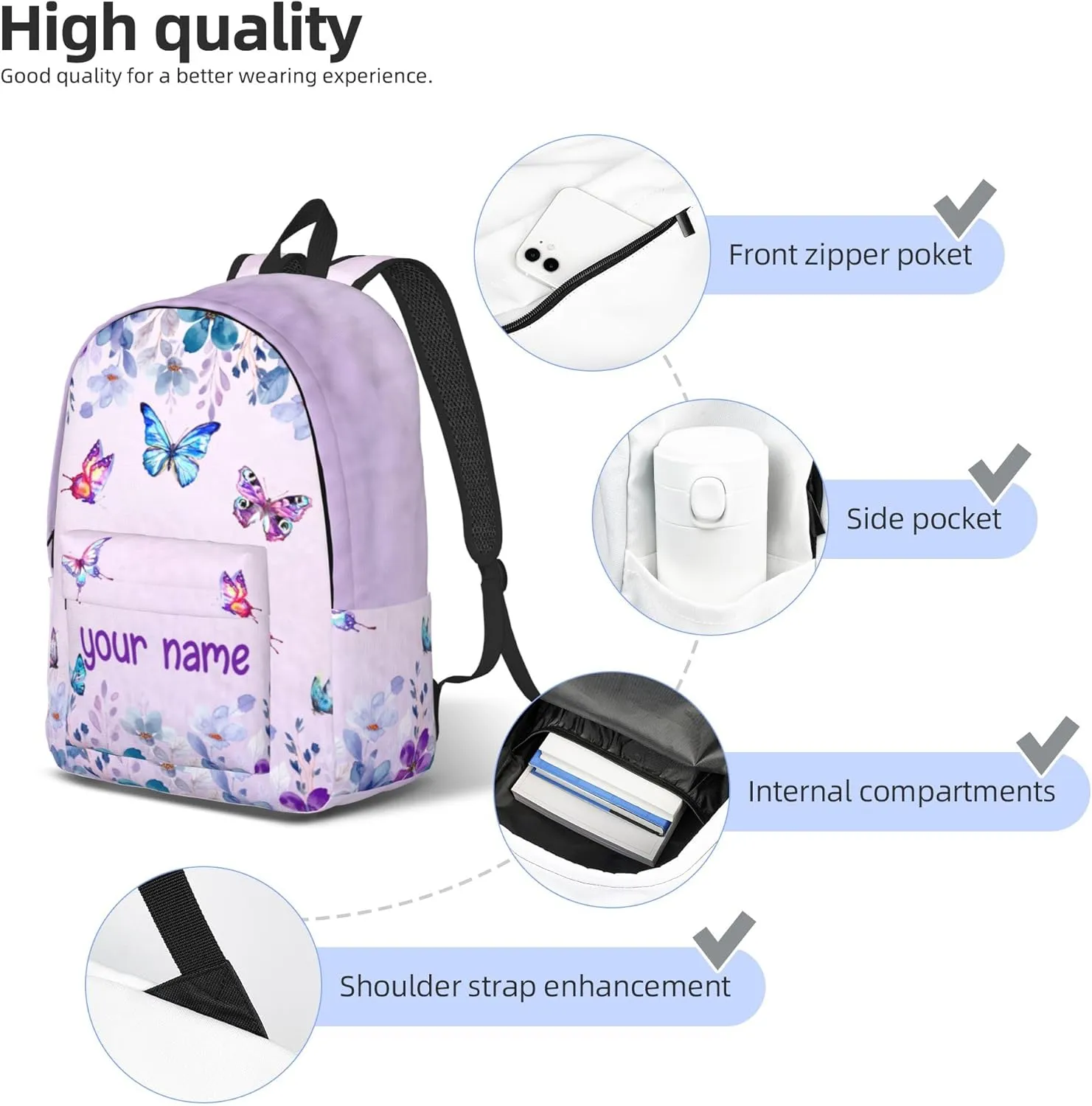 J&SBGFT Personalized Butterfly Backpack for Girls, Custom Backpacks with Names, Customized Book Bags for Kids Girls, Bags for Kids Back to School 15in
