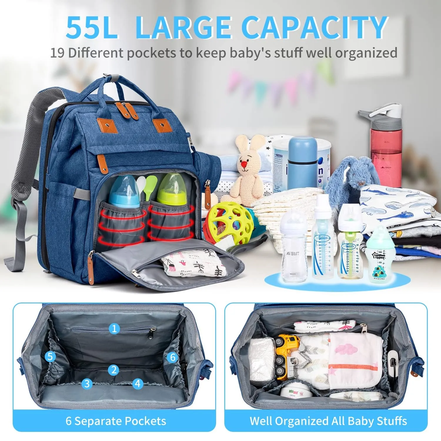 KABAQOO Diaper Bag Backpack, Large Baby Diaper Bags for Boys Girls, Baby Bag with USB Charging Port, Multifunction Waterproof Travel Back Pack for Moms Dads, Blue
