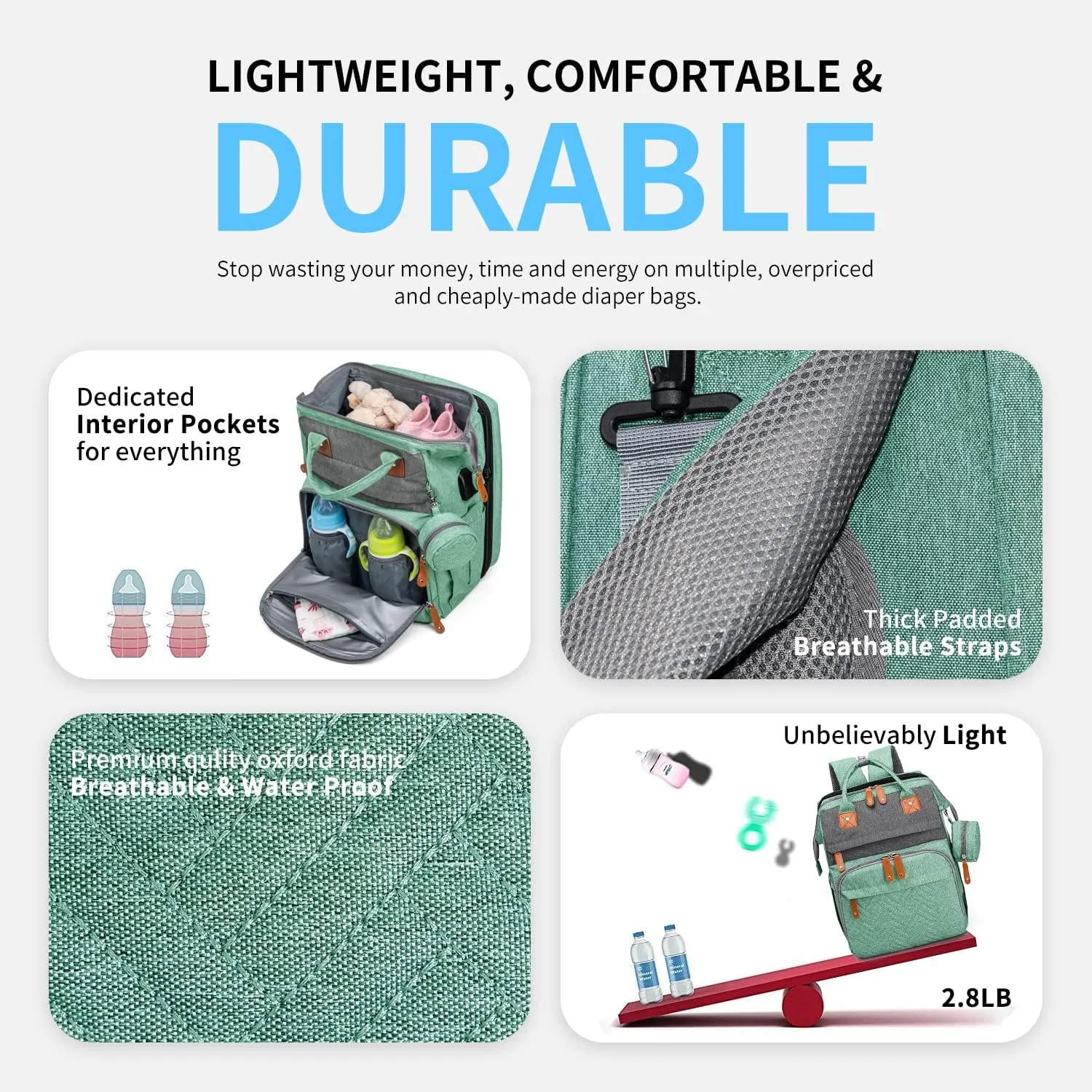 KABAQOO Diaper Bag Backpack, Large Baby Diaper Bags for Boys Girls, Baby Bag with USB Charging Port, Multifunction Waterproof Travel Back Pack for Moms Dads, Green Grey