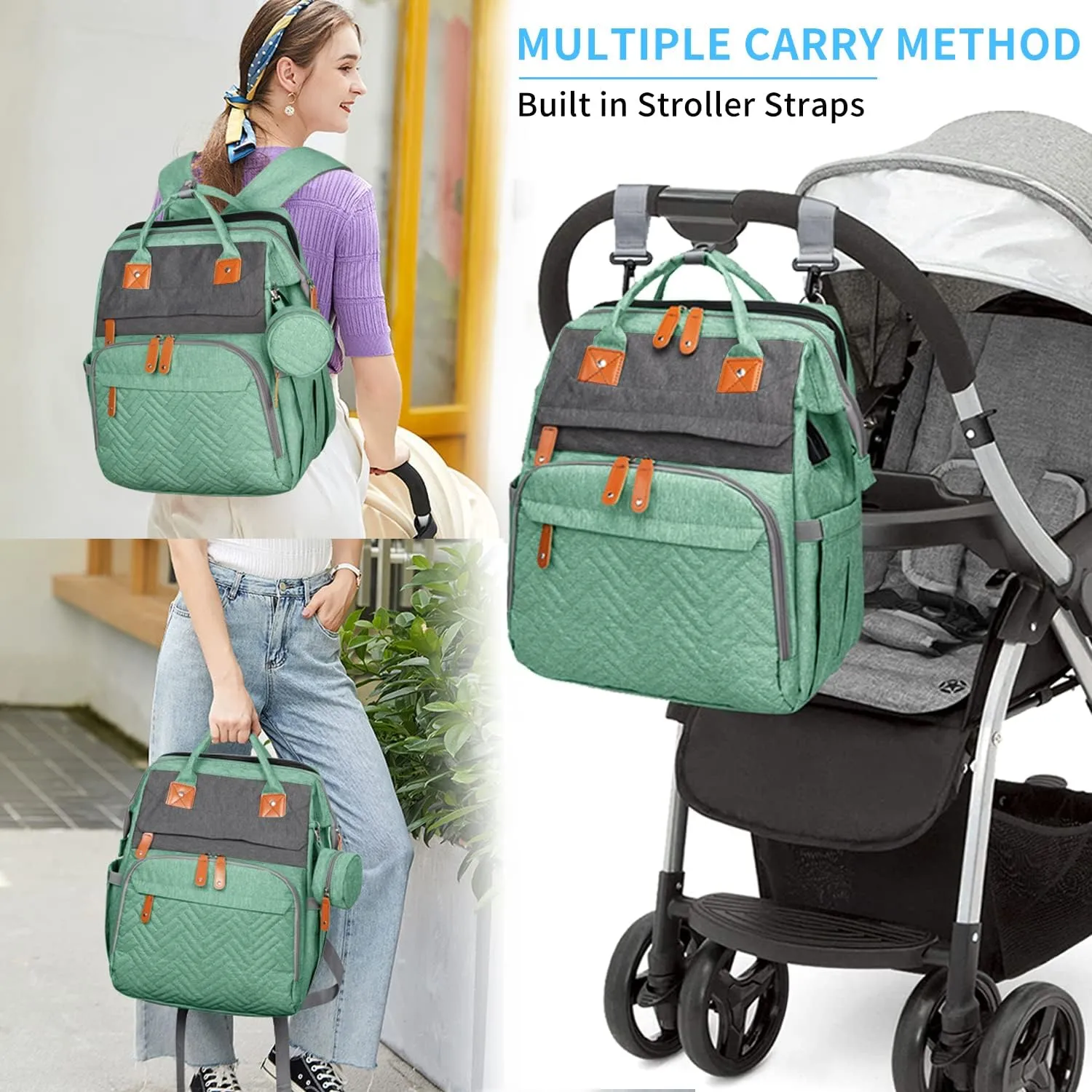 KABAQOO Diaper Bag Backpack, Large Baby Diaper Bags for Boys Girls, Baby Bag with USB Charging Port, Multifunction Waterproof Travel Back Pack for Moms Dads, Green Grey