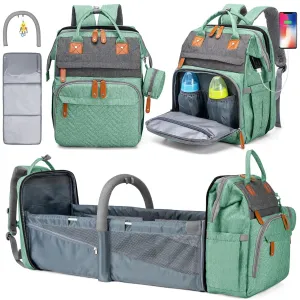KABAQOO Diaper Bag Backpack, Large Baby Diaper Bags for Boys Girls, Baby Bag with USB Charging Port, Multifunction Waterproof Travel Back Pack for Moms Dads, Green Grey