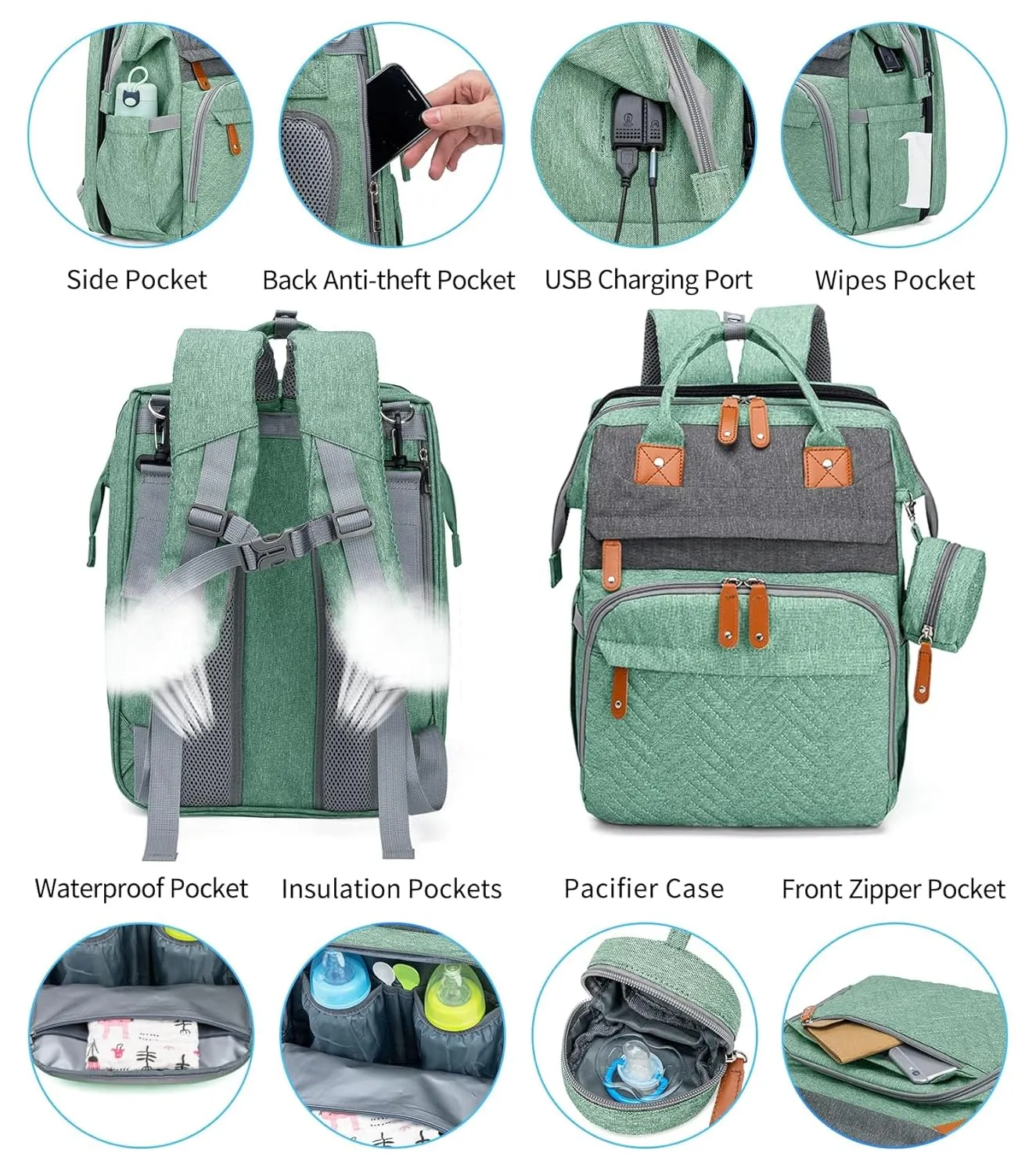KABAQOO Diaper Bag Backpack, Large Baby Diaper Bags for Boys Girls, Baby Bag with USB Charging Port, Multifunction Waterproof Travel Back Pack for Moms Dads, Green Grey