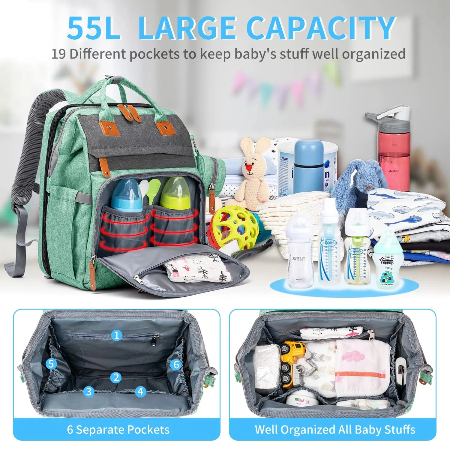 KABAQOO Diaper Bag Backpack, Large Baby Diaper Bags for Boys Girls, Baby Bag with USB Charging Port, Multifunction Waterproof Travel Back Pack for Moms Dads, Green Grey