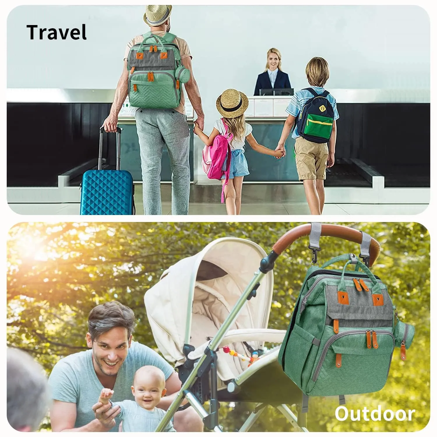 KABAQOO Diaper Bag Backpack, Large Baby Diaper Bags for Boys Girls, Baby Bag with USB Charging Port, Multifunction Waterproof Travel Back Pack for Moms Dads, Green Grey