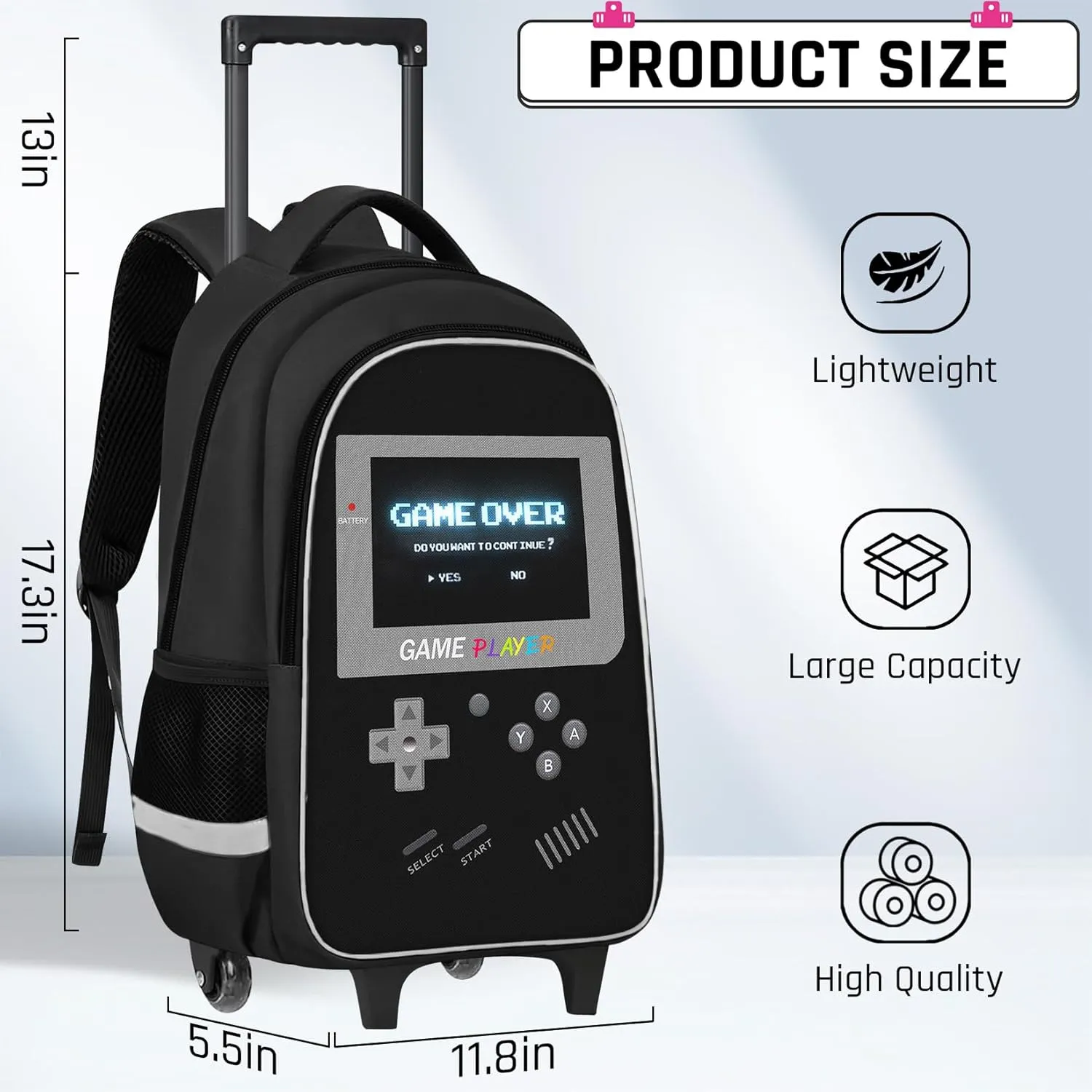 Kids Rolling Backpack for Boys - Gamer Boys Rolling Backpack with Wheels, Elementary Middle School Roller Bookbag with Adjustable Handle for Travel & School