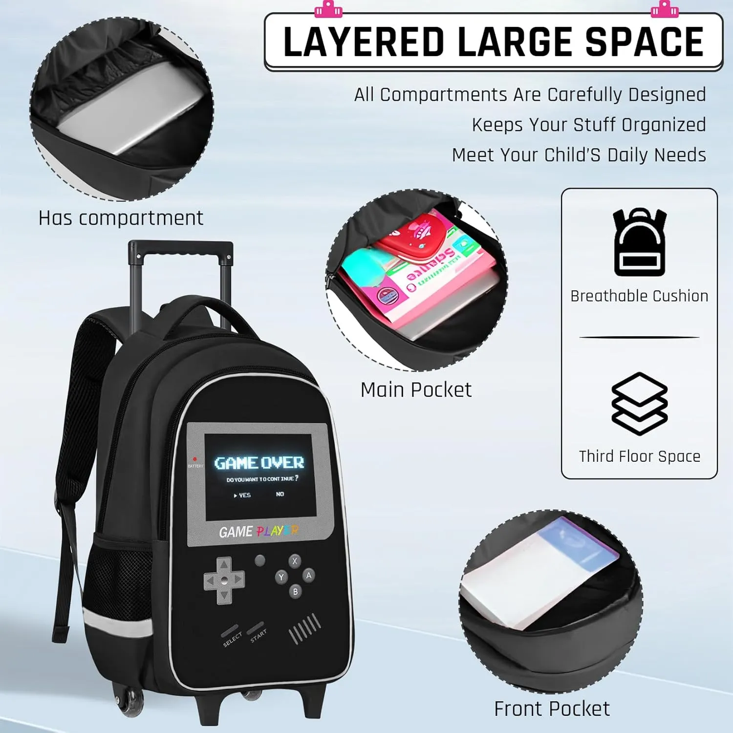 Kids Rolling Backpack for Boys - Gamer Boys Rolling Backpack with Wheels, Elementary Middle School Roller Bookbag with Adjustable Handle for Travel & School