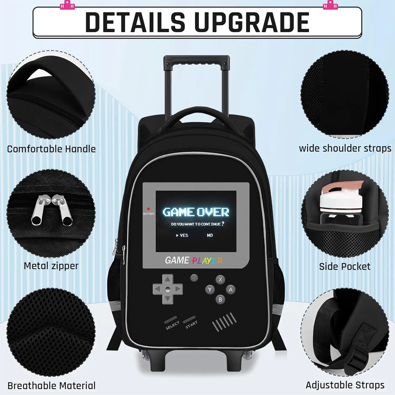 Kids Rolling Backpack for Boys - Gamer Boys Rolling Backpack with Wheels, Elementary Middle School Roller Bookbag with Adjustable Handle for Travel & School