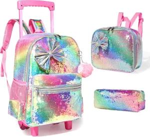 Kids Sequin Rolling Backpack for Girls Wheeled Backpack with Roller Backpack with Wheels Girls Backpack with Lunch Box Set Kids Suitcase for Girls Trolley School Bags with Wheels for Student