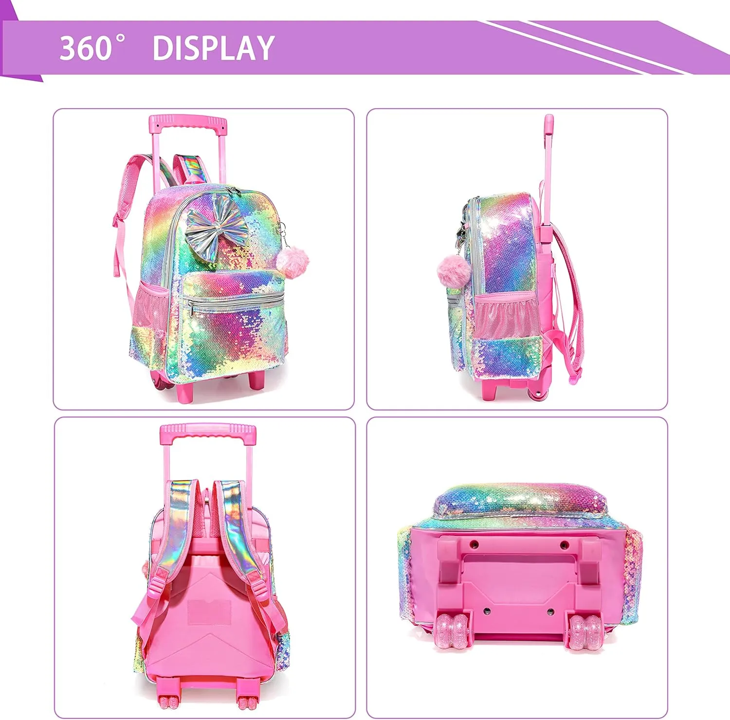 Kids Sequin Rolling Backpack for Girls Wheeled Backpack with Roller Backpack with Wheels Girls Backpack with Lunch Box Set Kids Suitcase for Girls Trolley School Bags with Wheels for Student