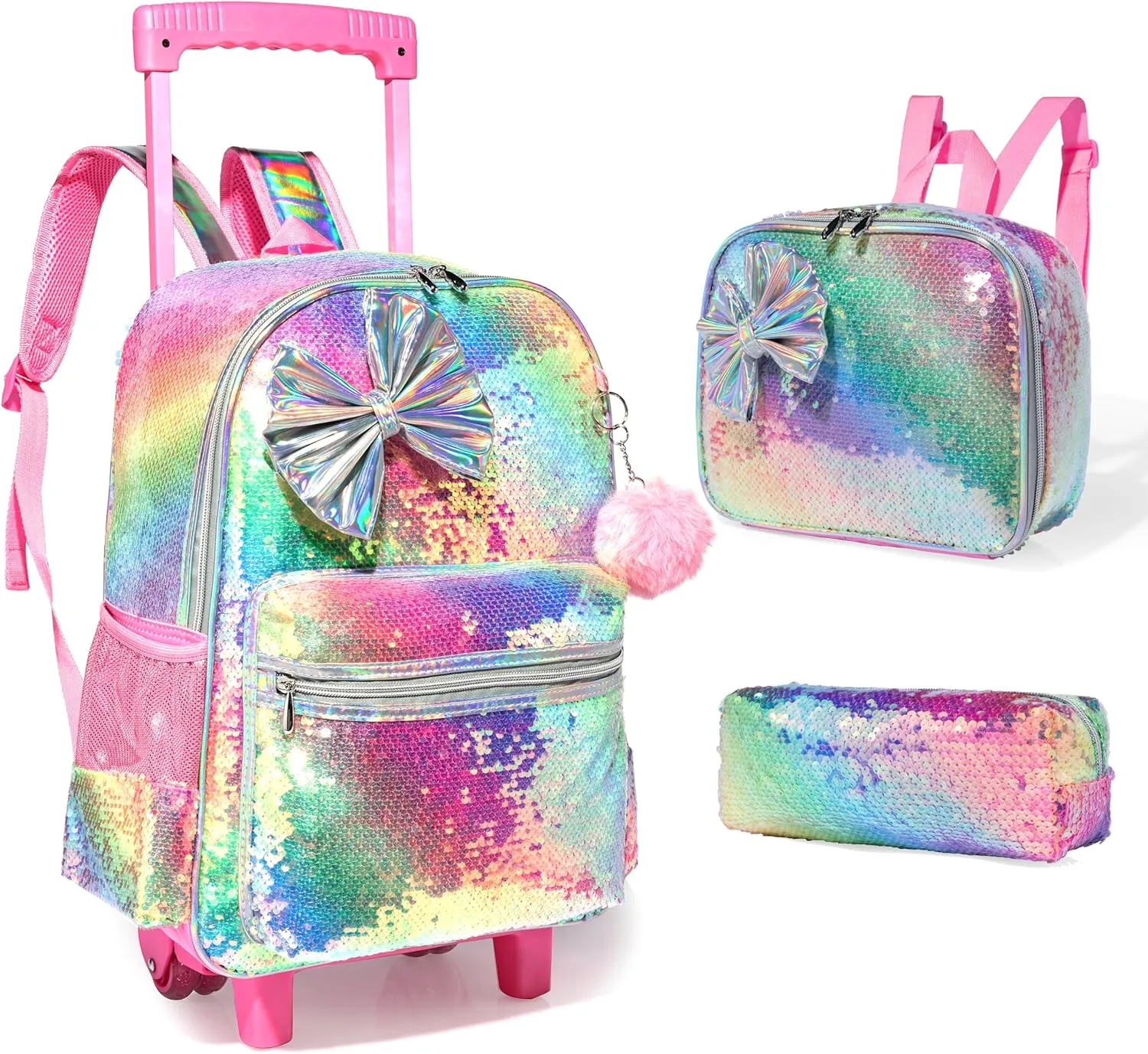 Kids Sequin Rolling Backpack for Girls Wheeled Backpack with Roller Backpack with Wheels Girls Backpack with Lunch Box Set Kids Suitcase for Girls Trolley School Bags with Wheels for Student