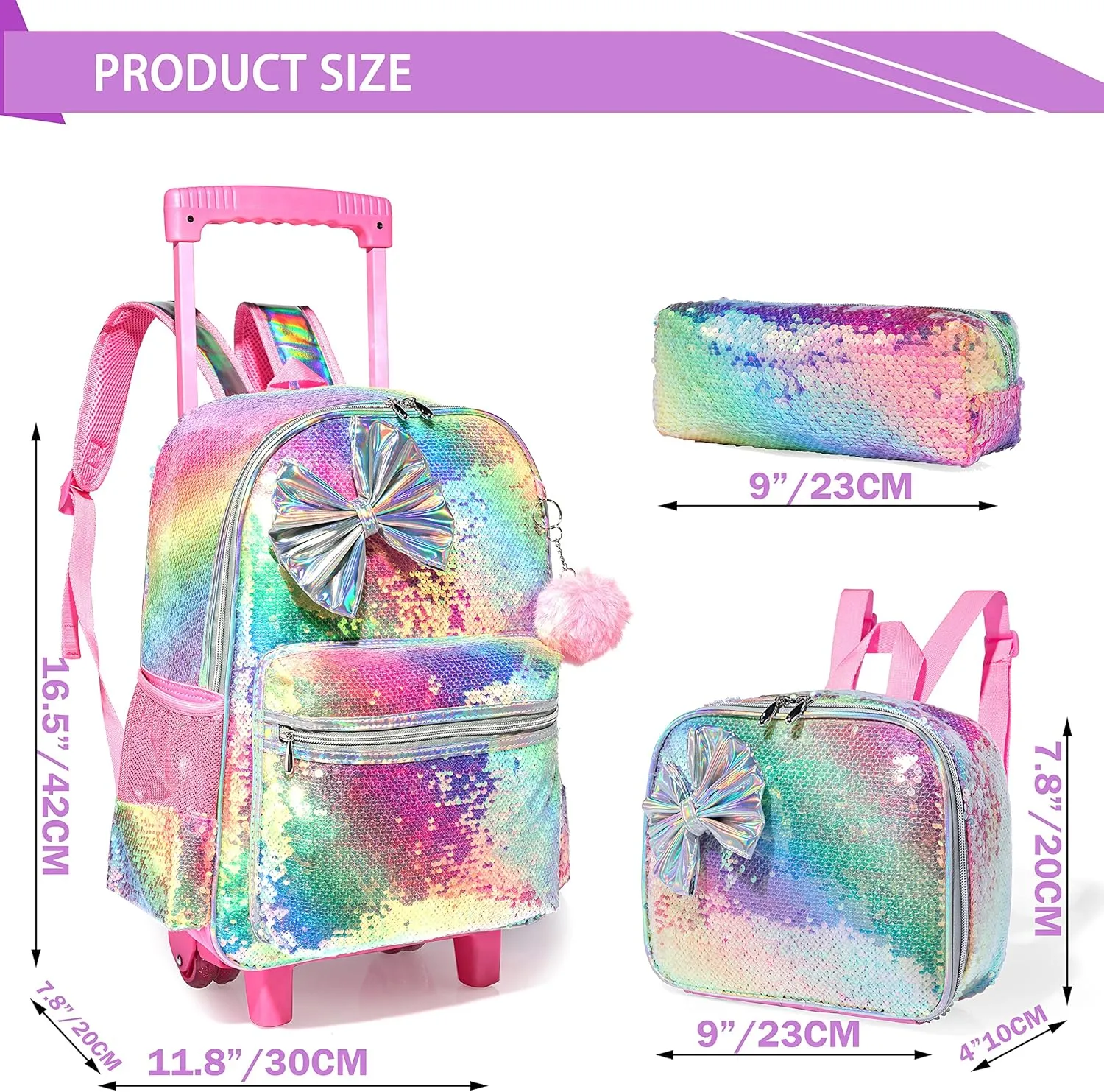 Kids Sequin Rolling Backpack for Girls Wheeled Backpack with Roller Backpack with Wheels Girls Backpack with Lunch Box Set Kids Suitcase for Girls Trolley School Bags with Wheels for Student