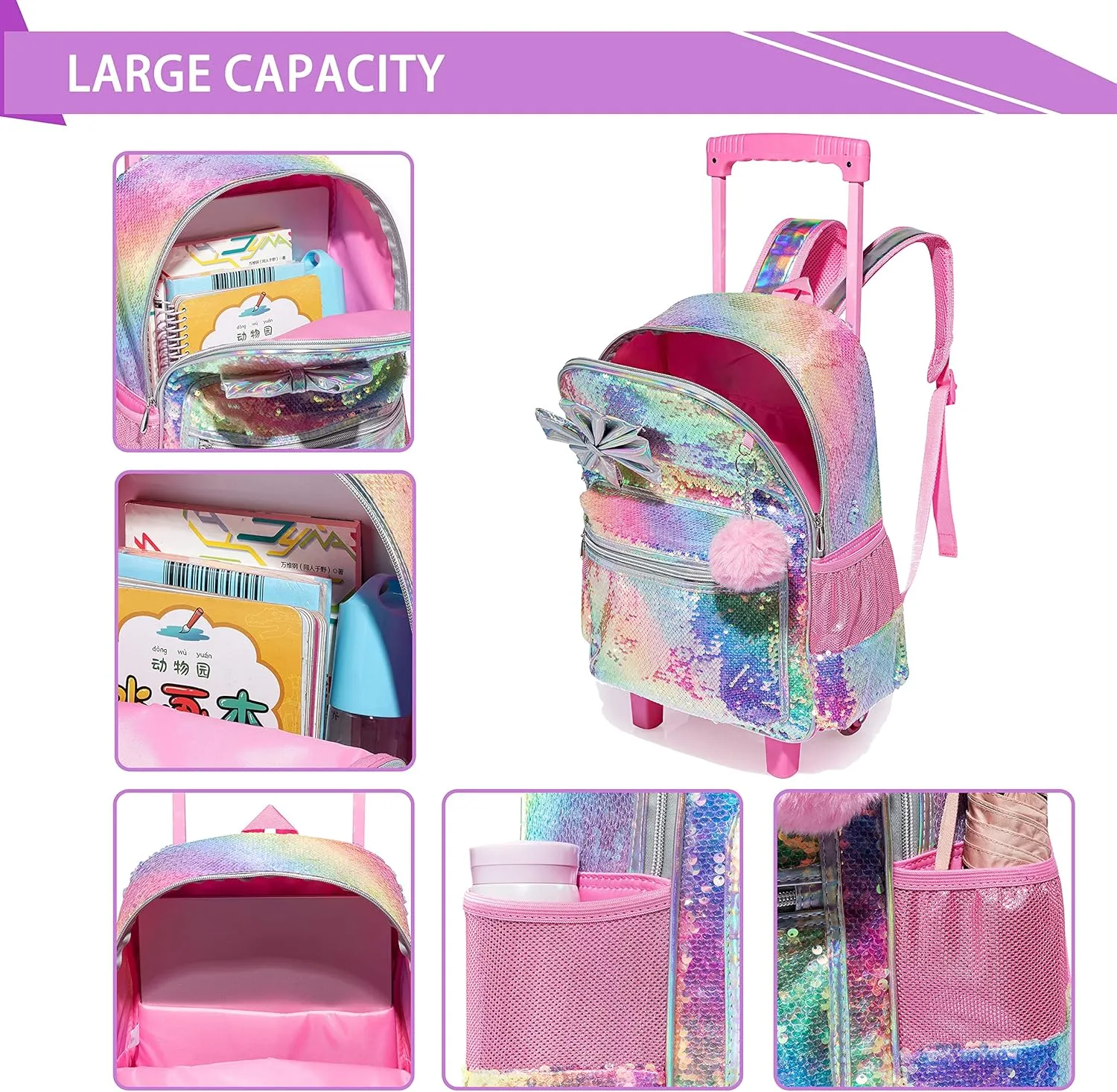 Kids Sequin Rolling Backpack for Girls Wheeled Backpack with Roller Backpack with Wheels Girls Backpack with Lunch Box Set Kids Suitcase for Girls Trolley School Bags with Wheels for Student