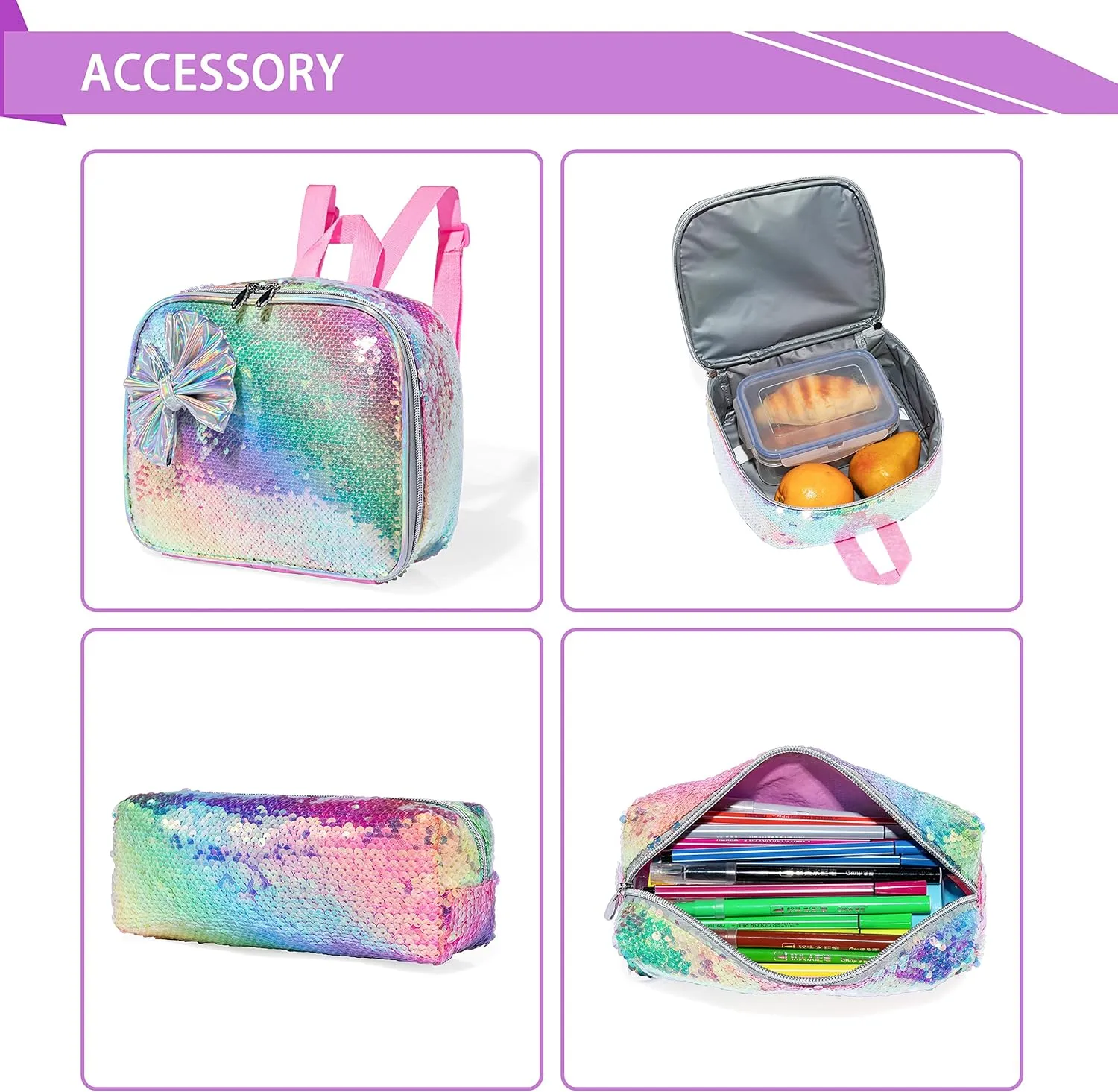 Kids Sequin Rolling Backpack for Girls Wheeled Backpack with Roller Backpack with Wheels Girls Backpack with Lunch Box Set Kids Suitcase for Girls Trolley School Bags with Wheels for Student