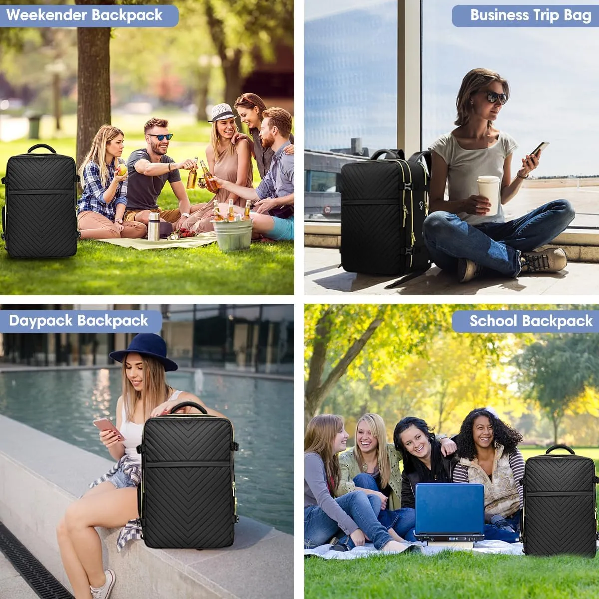 Large Carry On Travel Backpack - Flight Approved Personal Item Backpack with Shoe Compartment Waterproof Luggage Suitcase Backpacks for Women Fit 17 Inch Laptop College Overnight Weekender Bag Black