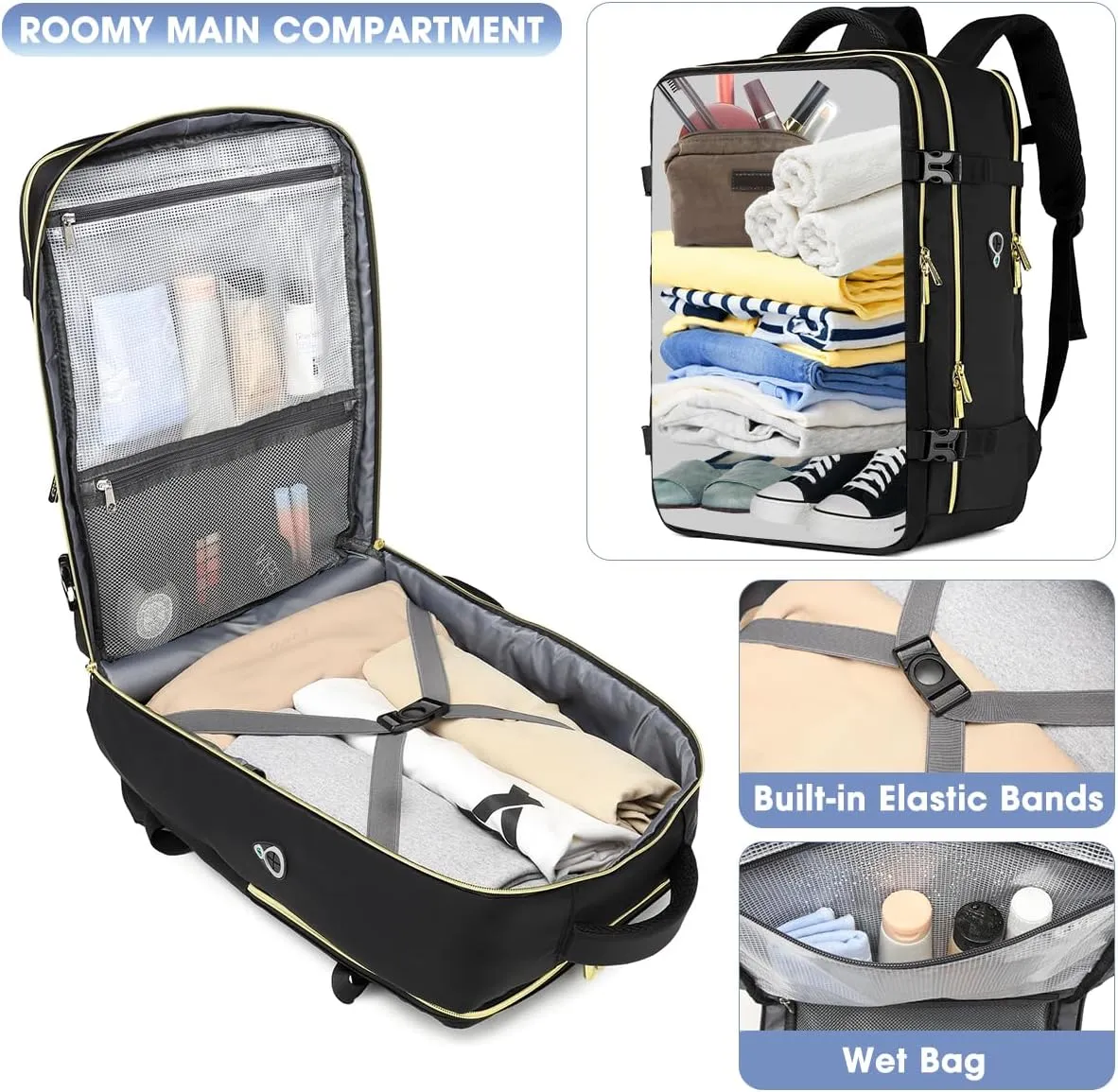 Large Carry On Travel Backpack - Flight Approved Personal Item Backpack with Shoe Compartment Waterproof Luggage Suitcase Backpacks for Women Fit 17 Inch Laptop College Overnight Weekender Bag Black