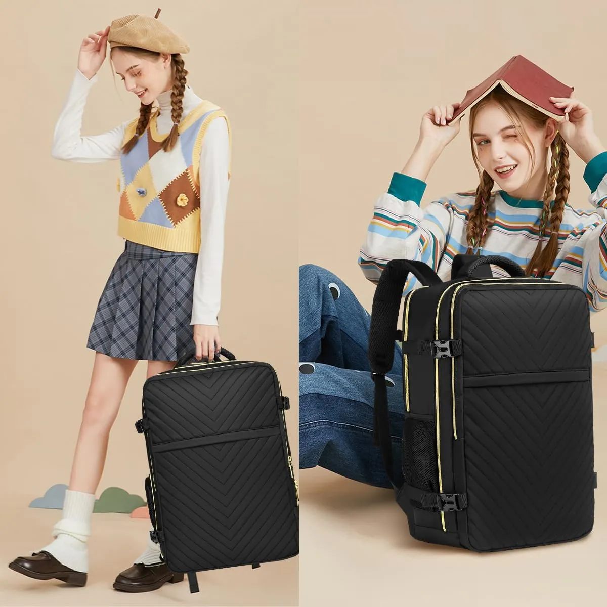 Large Carry On Travel Backpack - Flight Approved Personal Item Backpack with Shoe Compartment Waterproof Luggage Suitcase Backpacks for Women Fit 17 Inch Laptop College Overnight Weekender Bag Black