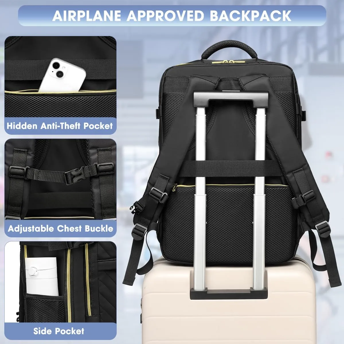 Large Carry On Travel Backpack - Flight Approved Personal Item Backpack with Shoe Compartment Waterproof Luggage Suitcase Backpacks for Women Fit 17 Inch Laptop College Overnight Weekender Bag Black