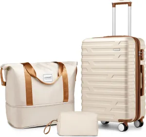 LARVENDER Luggage Sets 3 Piece, Hardside 20 Inch Carry on Luggage Airline Approved Suitcase Set with Spinner Wheels TSA Lock, Lightweight Rolling Suitcase for Men and Women, White Brown