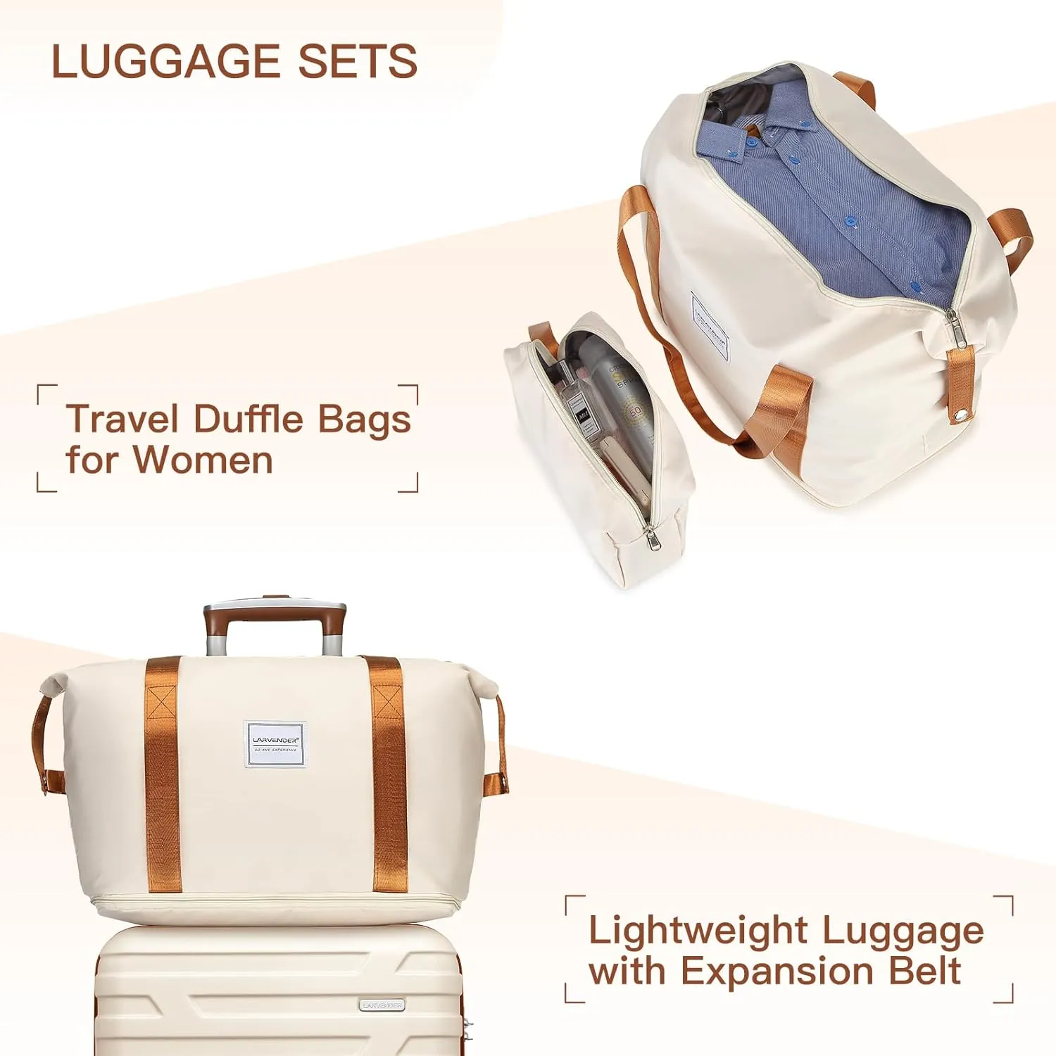 LARVENDER Luggage Sets 3 Piece, Hardside 20 Inch Carry on Luggage Airline Approved Suitcase Set with Spinner Wheels TSA Lock, Lightweight Rolling Suitcase for Men and Women, White Brown