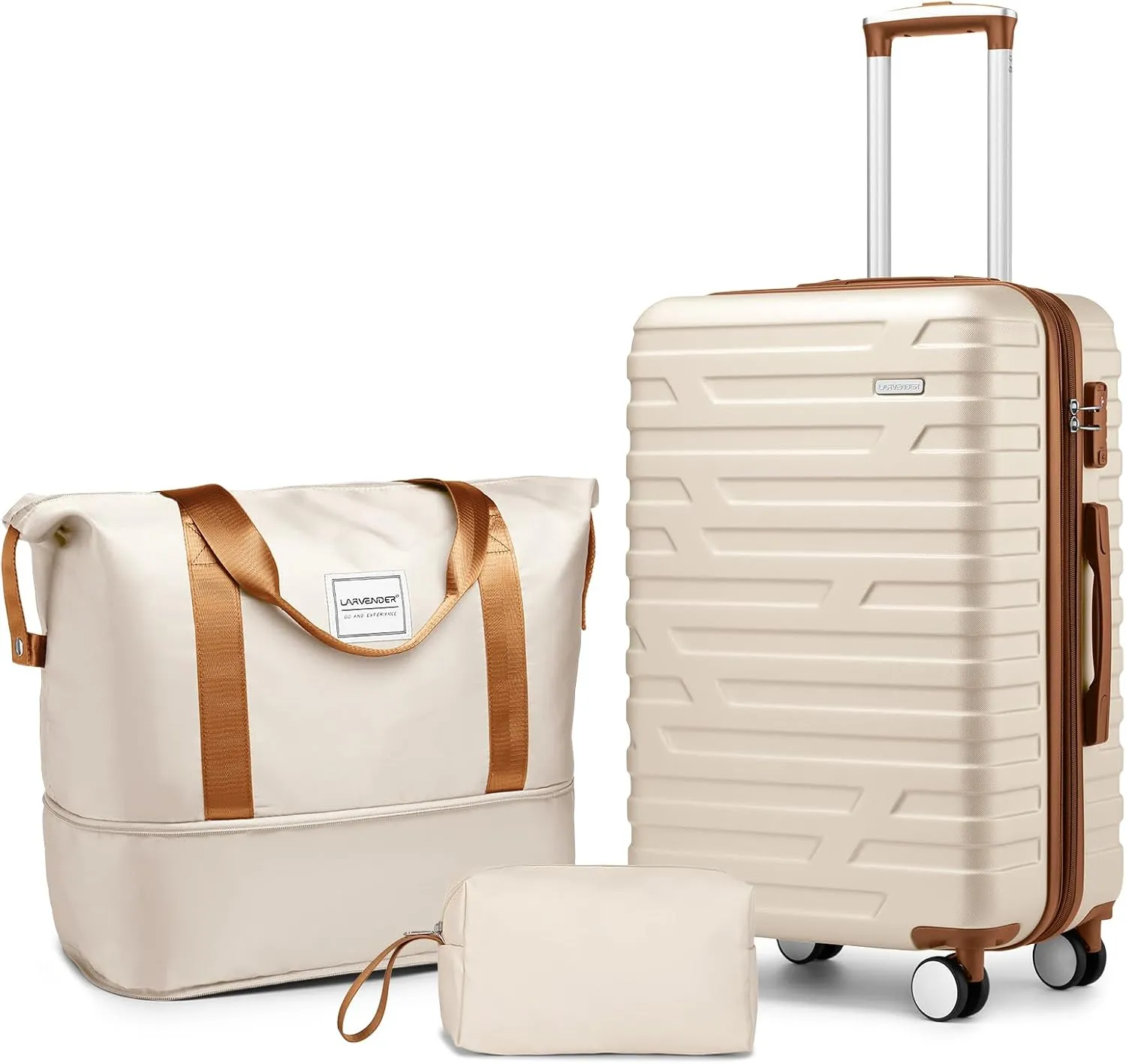 LARVENDER Luggage Sets 3 Piece, Hardside 20 Inch Carry on Luggage Airline Approved Suitcase Set with Spinner Wheels TSA Lock, Lightweight Rolling Suitcase for Men and Women, White Brown
