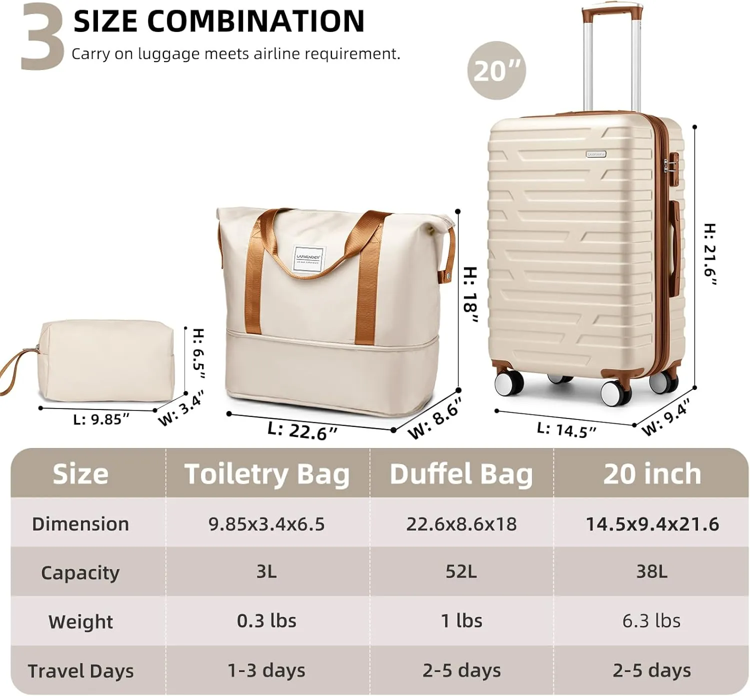 LARVENDER Luggage Sets 3 Piece, Hardside 20 Inch Carry on Luggage Airline Approved Suitcase Set with Spinner Wheels TSA Lock, Lightweight Rolling Suitcase for Men and Women, White Brown