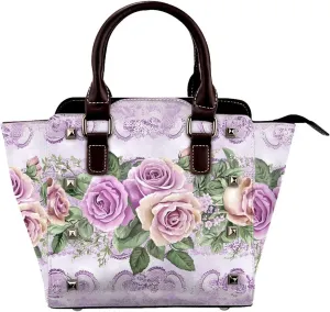 Leather Shoulder Bag for Women, Lace Rose Flower Studded Purse Vintage Floral Crossbody Handbags Punk Hobo Bag with Adjustable Strap