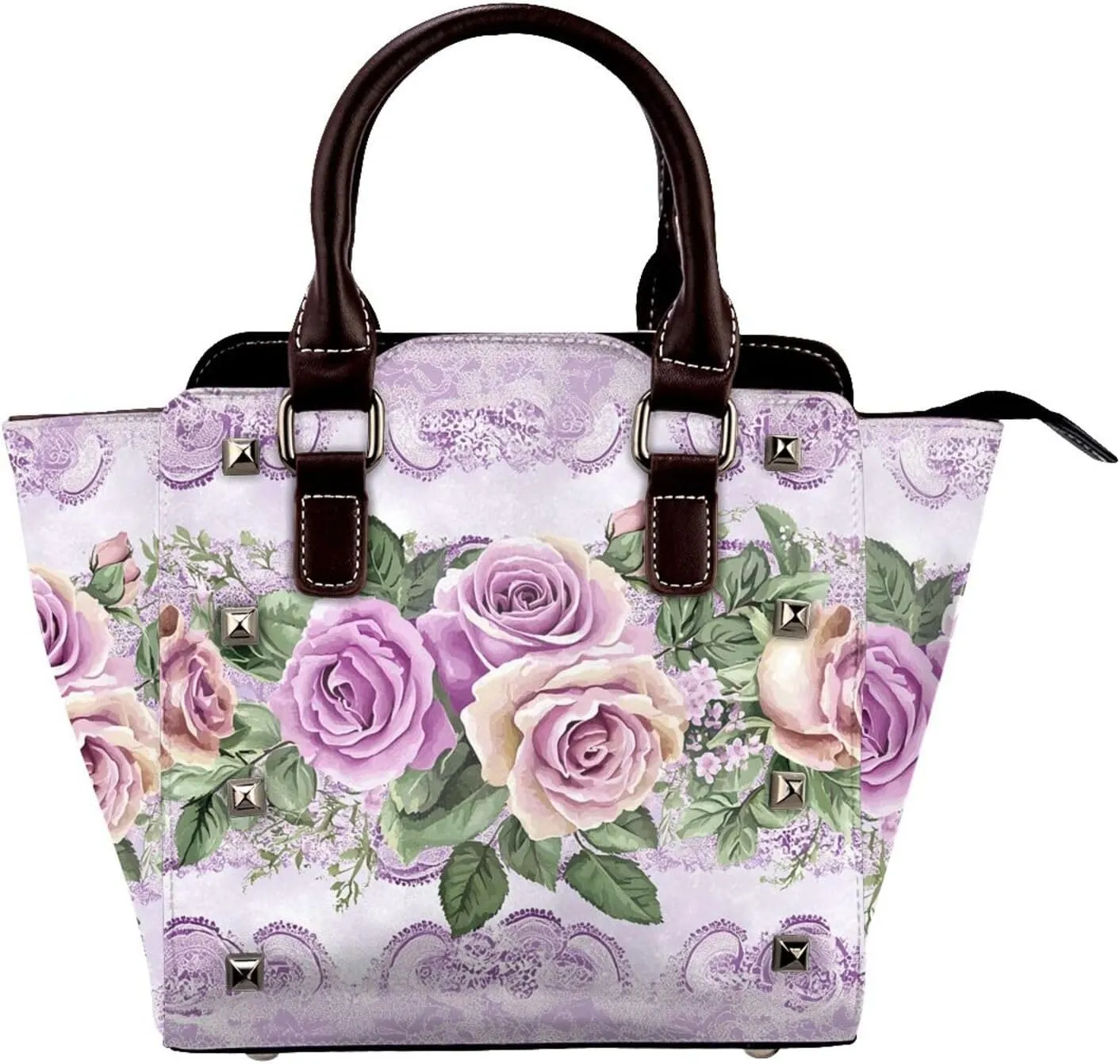 Leather Shoulder Bag for Women, Lace Rose Flower Studded Purse Vintage Floral Crossbody Handbags Punk Hobo Bag with Adjustable Strap
