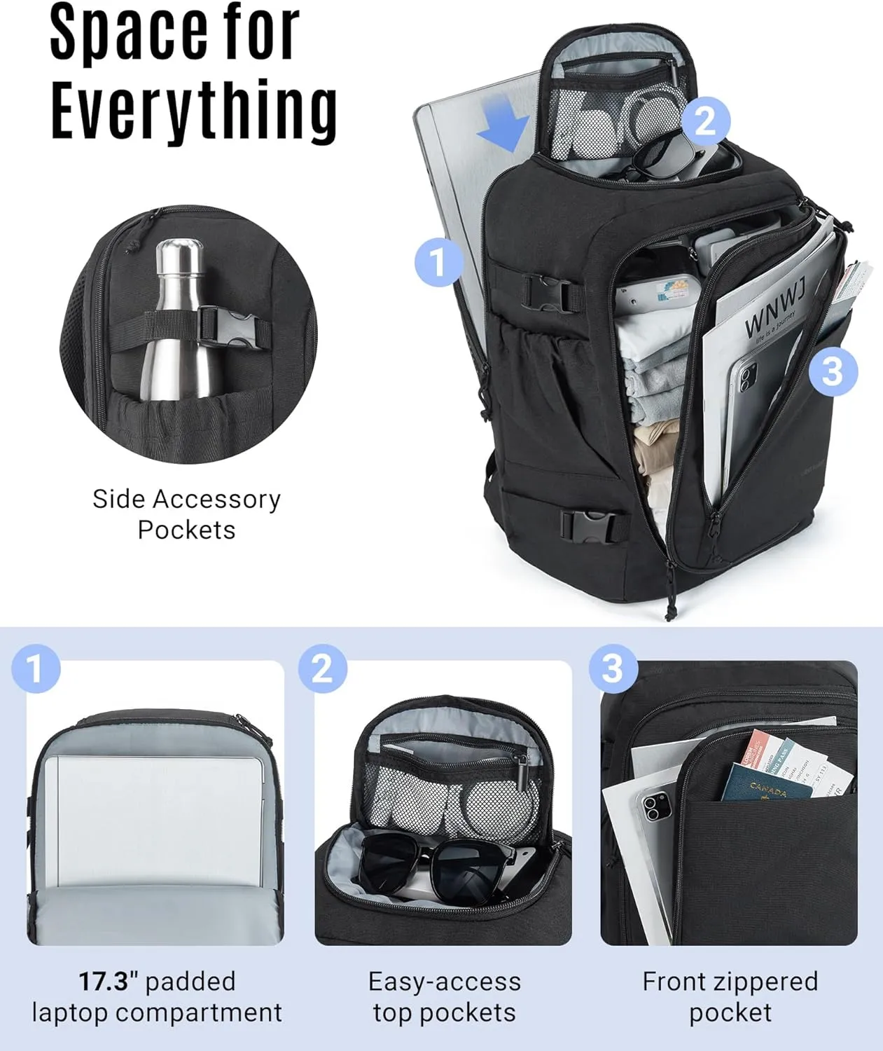 LIGHT FLIGHT Travel Backpack Carry On Flight Approved TSA Friendly Backpack Water-resistant Lightweight Business Large Weekender Bag Casual Daypack 17.3" Laptop Backpack for Men Women,Black