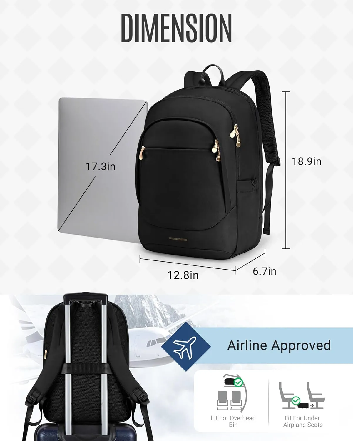 LIGHT FLIGHT Travel Laptop Backpack for 17.3" laptop, Carry on Backpack with USB Charging Hole, Water Resistant College Bookbag, Large Capacity Computer Backpacks for Work, Black