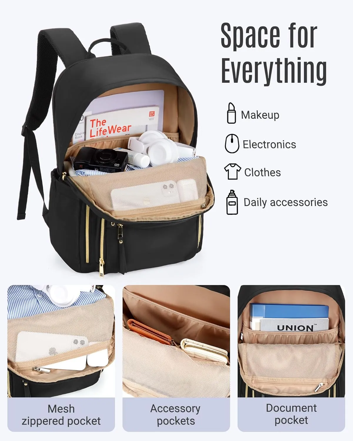 LIGHT FLIGHT Women's Laptop Backpack Fit for 15.6 Inch for Travel Work Business College, Large Capacity Stylish Bookbag with USB Port and Water-Resistant for Daily Use,Black