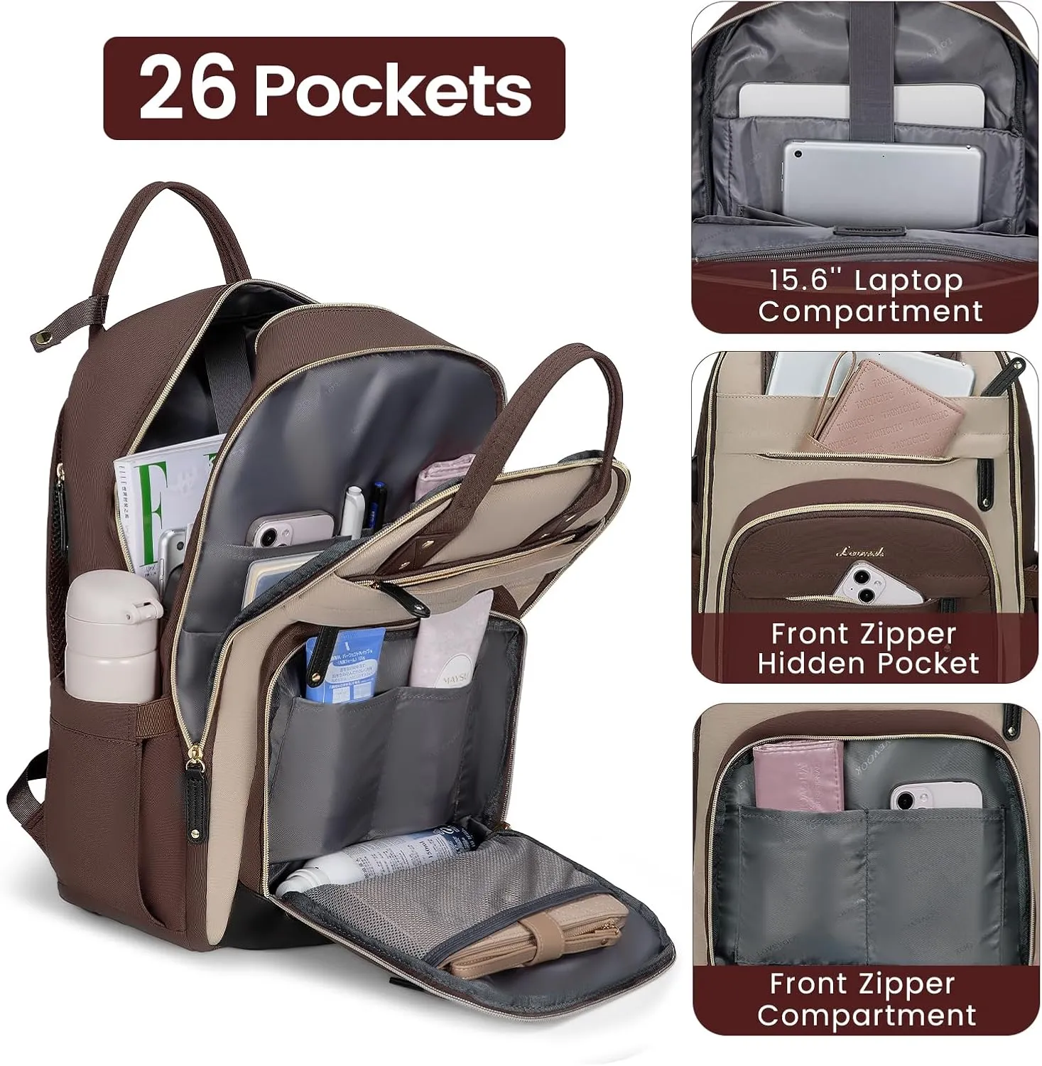 LOVEVOOK Backpack for Women,Laptop Backpack Women,Fits 15.6 Inch Laptop Bag,School Backpacks,Fashion Travel Work Anti-theft Bag,Waterproof Business Computer College Backpack Purse,Brown-Apricot