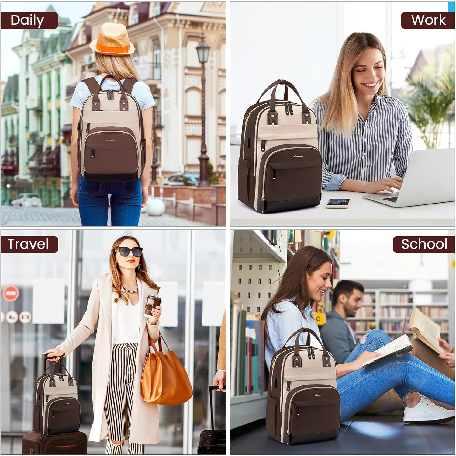 LOVEVOOK Backpack for Women,Laptop Backpack Women,Fits 15.6 Inch Laptop Bag,School Backpacks,Fashion Travel Work Anti-theft Bag,Waterproof Business Computer College Backpack Purse,Brown-Apricot