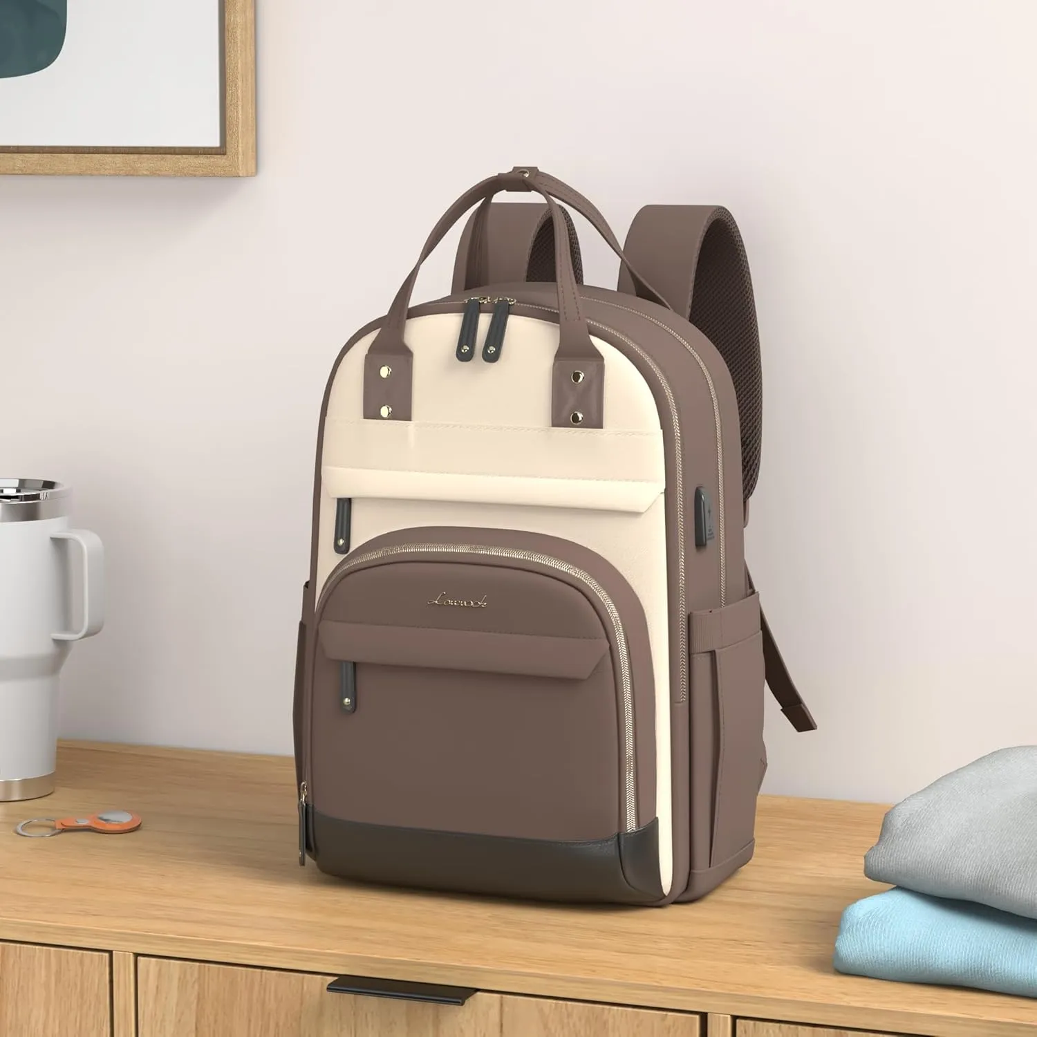 LOVEVOOK Backpack for Women,Laptop Backpack Women,Fits 15.6 Inch Laptop Bag,School Backpacks,Fashion Travel Work Anti-theft Bag,Waterproof Business Computer College Backpack Purse,Brown-Apricot