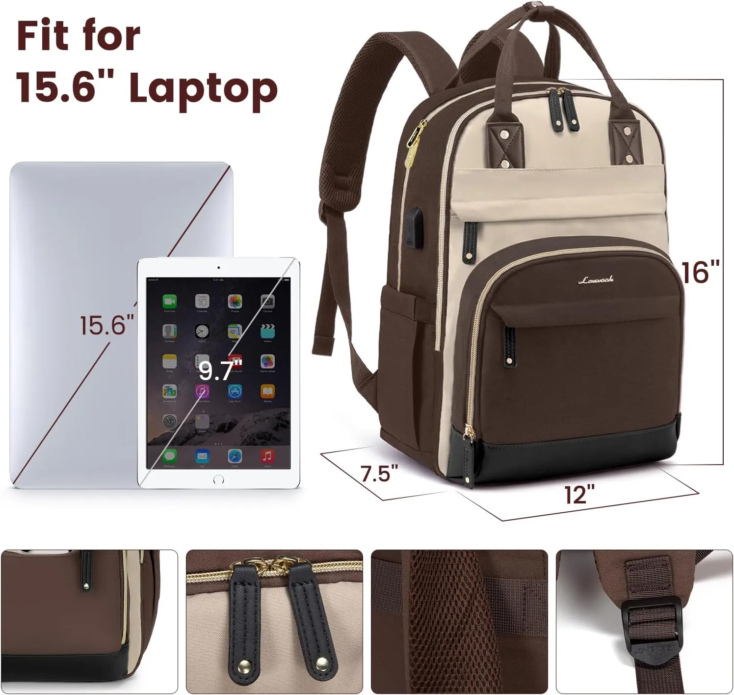 LOVEVOOK Backpack for Women,Laptop Backpack Women,Fits 15.6 Inch Laptop Bag,School Backpacks,Fashion Travel Work Anti-theft Bag,Waterproof Business Computer College Backpack Purse,Brown-Apricot