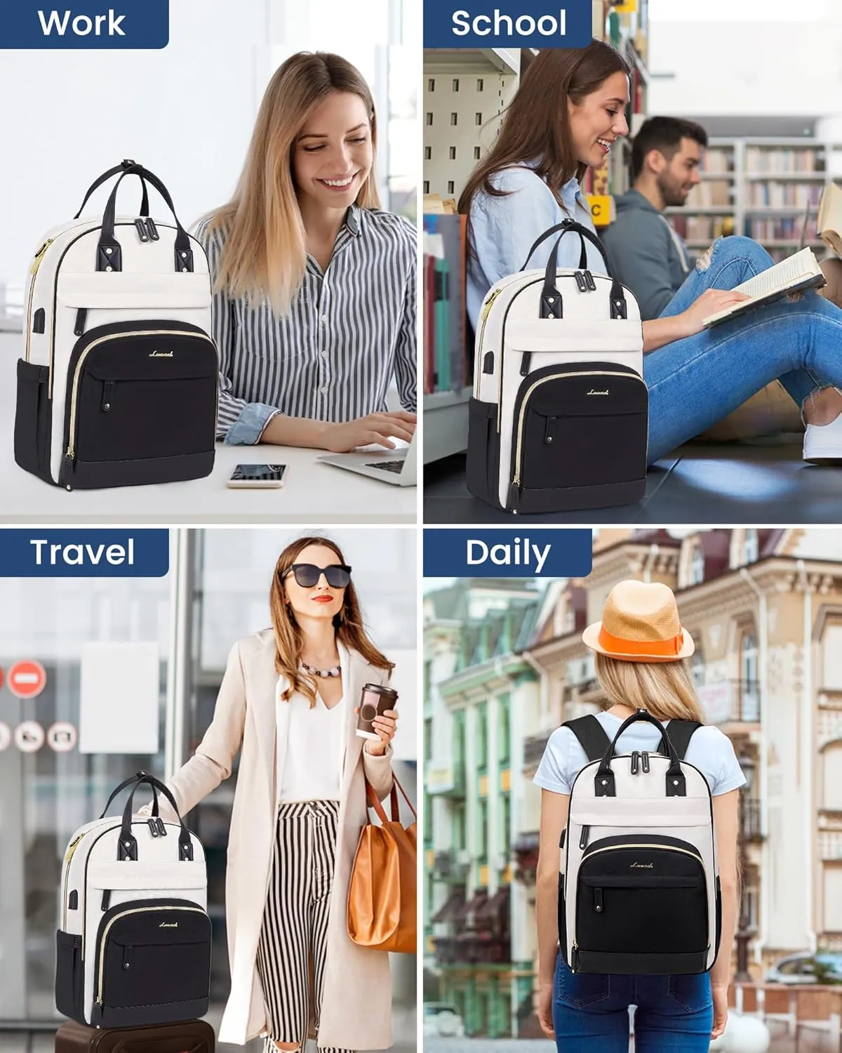 LOVEVOOK Backpack for Women,Laptop Backpack Women,Fits 17 Inch Laptop Bag,School Backpacks,Fashion Travel Work Anti-theft Bag,Waterproof Business Computer College Backpack Purse,Black-Off-white