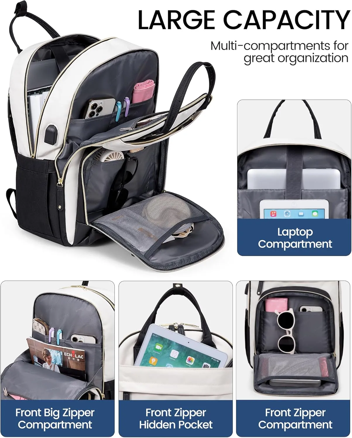 LOVEVOOK Backpack for Women,Laptop Backpack Women,Fits 17 Inch Laptop Bag,School Backpacks,Fashion Travel Work Anti-theft Bag,Waterproof Business Computer College Backpack Purse,Black-Off-white