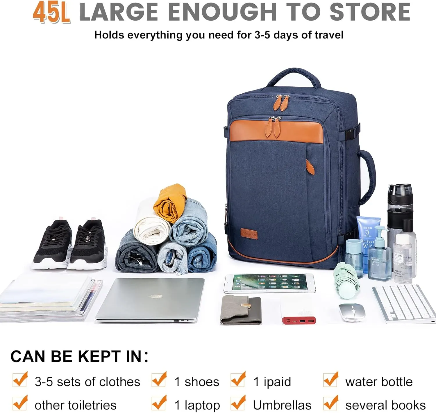 LOVEVOOK Carry on Backpack, 45L Large Travel Backpack for Women Men Airline Approved, Expandable Large Suitcase Backpacks With 4 Packing Cubes, Aer Travel Pack 3, Water Resistant Weekender Bag