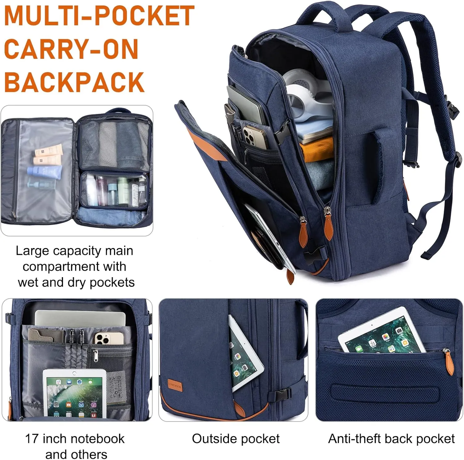 LOVEVOOK Carry on Backpack, 45L Large Travel Backpack for Women Men Airline Approved, Expandable Large Suitcase Backpacks With 4 Packing Cubes, Aer Travel Pack 3, Water Resistant Weekender Bag