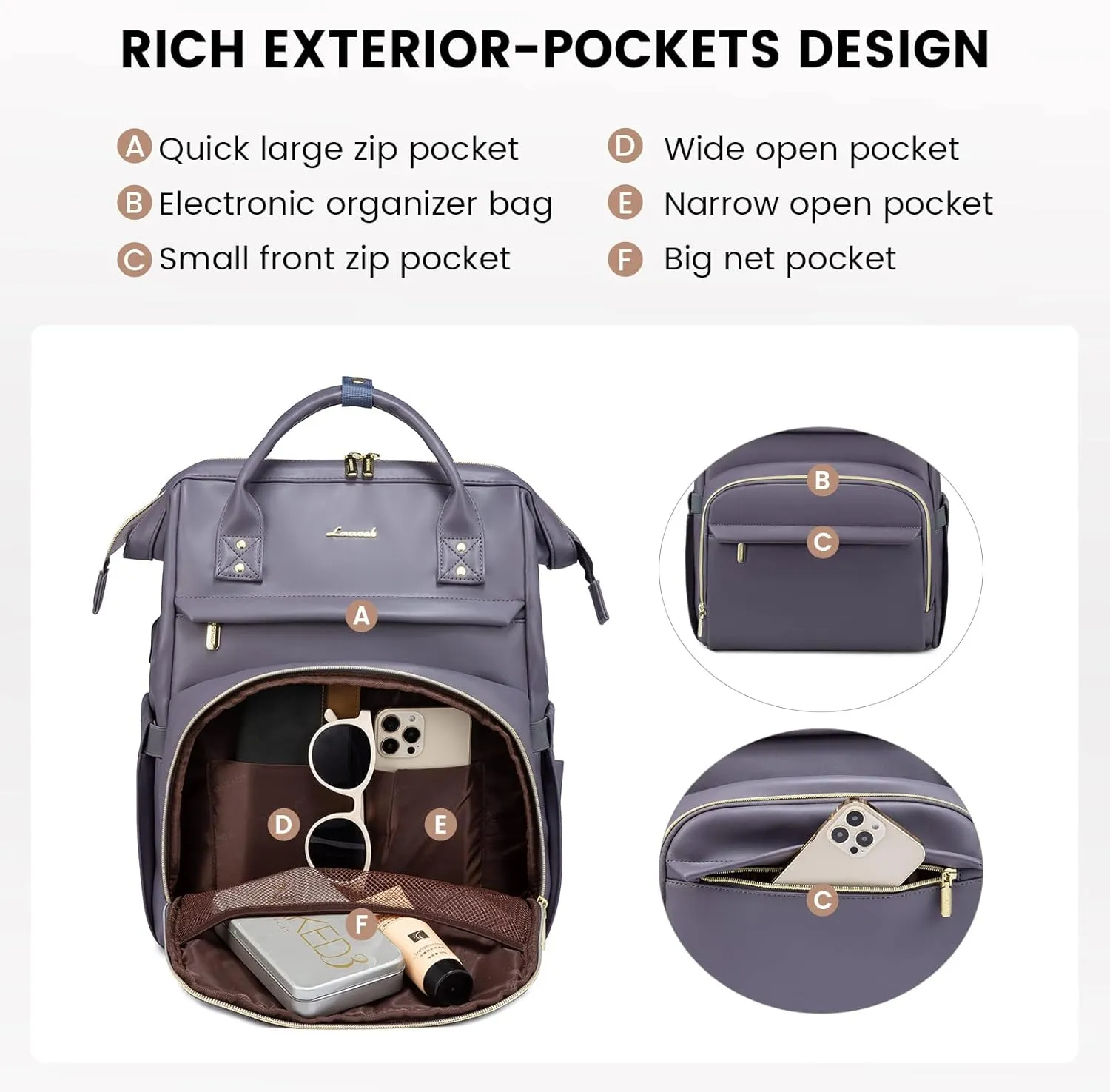 LOVEVOOK Leather Laptop Backpack for Women 15.6 inch,Travel Backpack Purse Nurse Teacher Backpack Computer Laptop Bag,Professional College Business Work Bag Carry On Backpack with USB Port,Grey Purple